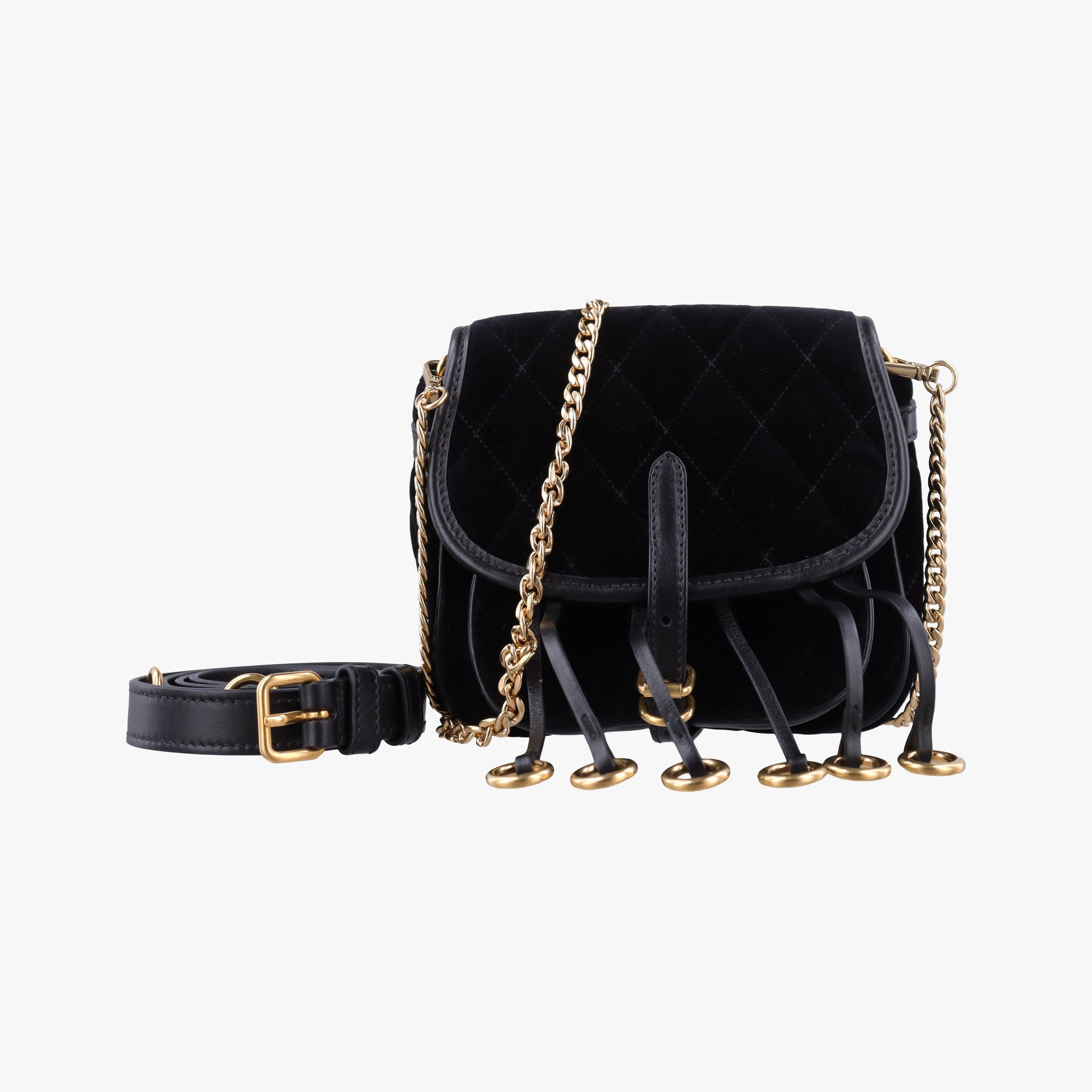 Secondhand Prada Fringe Charms Black Leather×velour IBL002 shoulderbag | stylenewstar