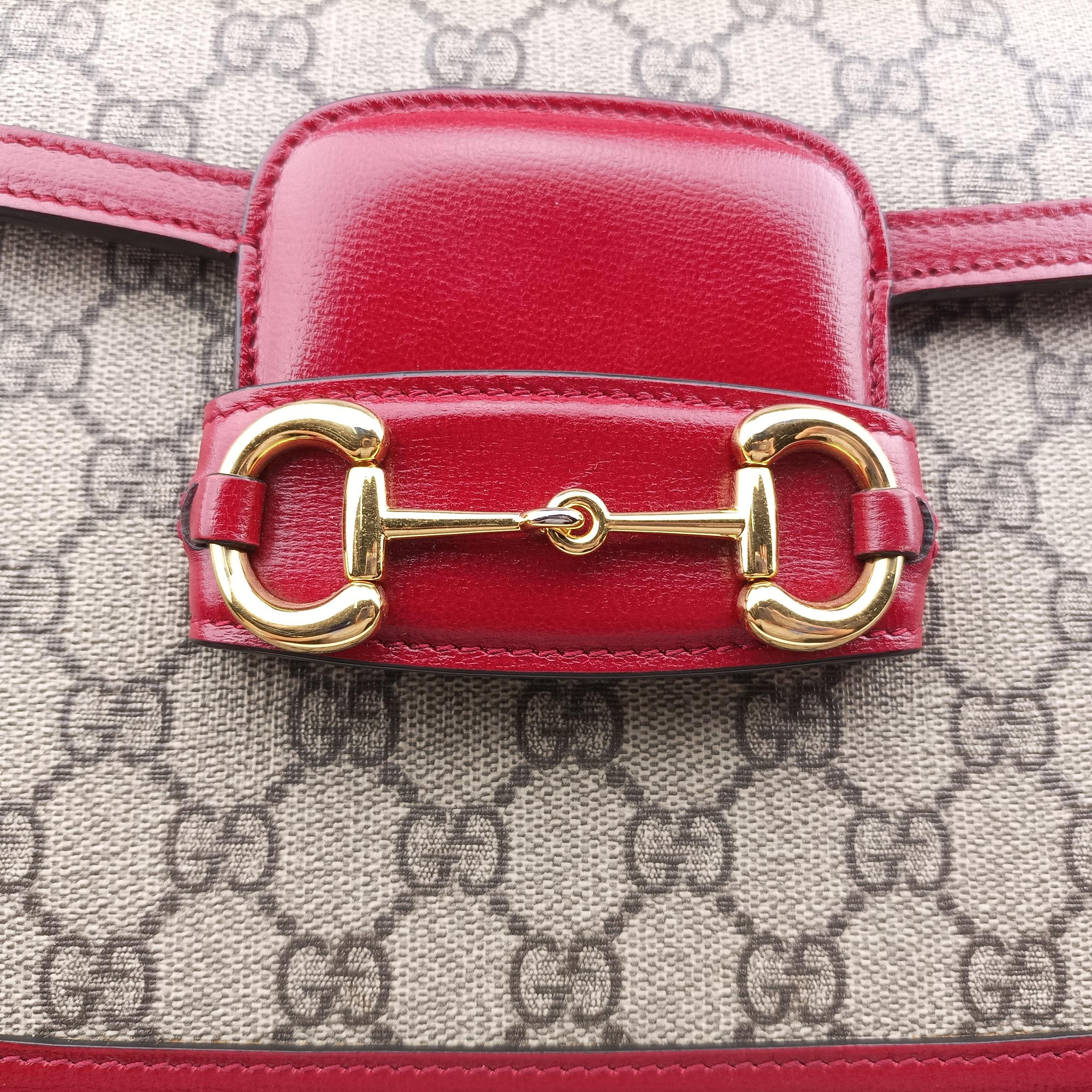 Pre-owned Gucci The Hacker Project Horsebit 1955 Beige × Brown × Red PVC coated canvas×Leather 602204 shoulderbag | stylenewstar