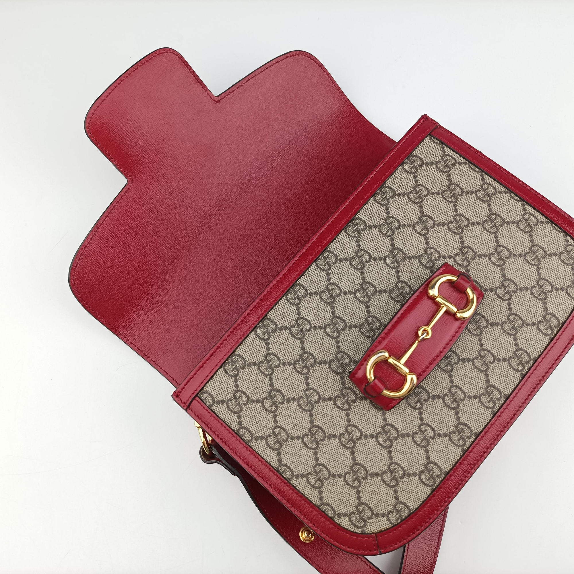 Pre-owned Gucci The Hacker Project Horsebit 1955 Beige × Brown × Red PVC coated canvas×Leather 602204 shoulderbag | stylenewstar