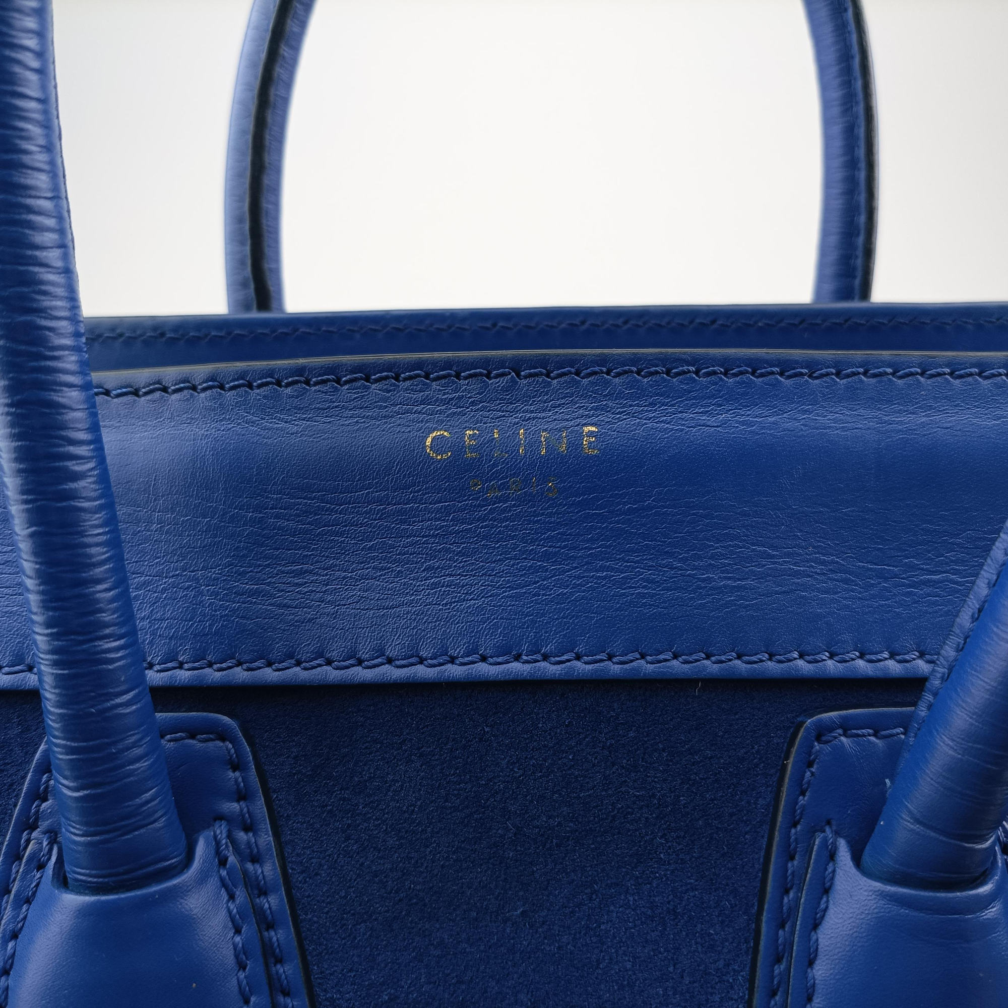 Pre-owned Celine Luggage Mini Shopper Blue Suede × Leather  handbag | stylenewstar