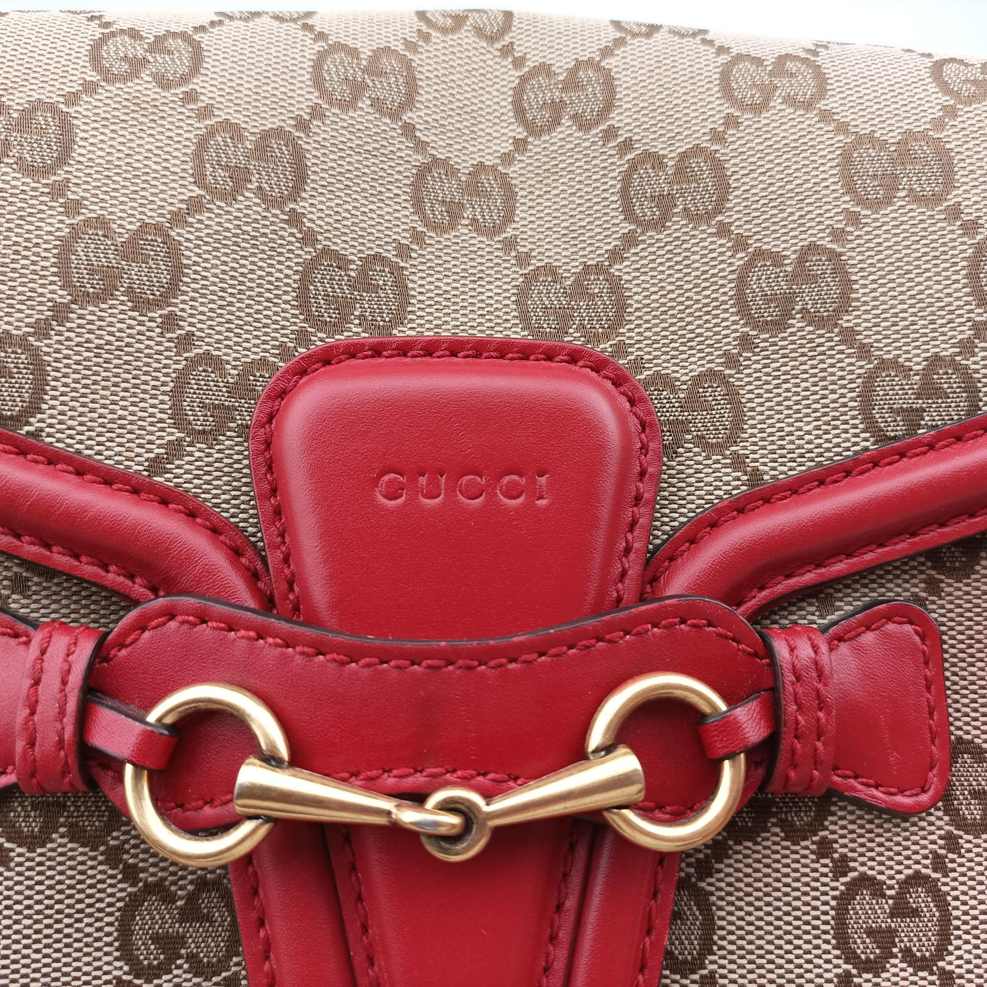Pre-owned Gucci Lady Web khaki×red canvas×leather 383848 shoulderbag | stylenewstar
