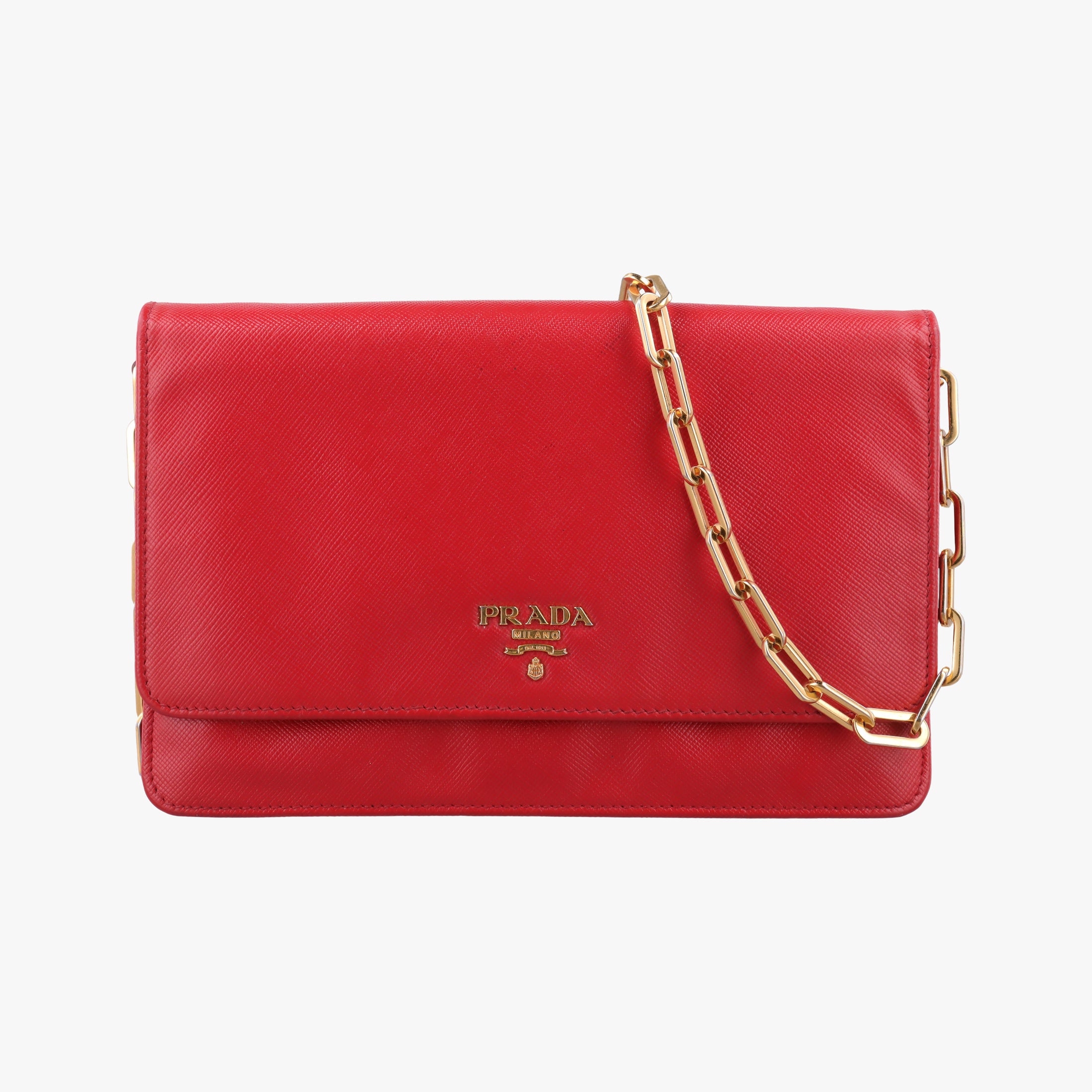 Vintage Prada Metal Wallet on Chain Cornflower Clutch Red Saffiano Leather 1MT290 shoulderbag | stylenewstar