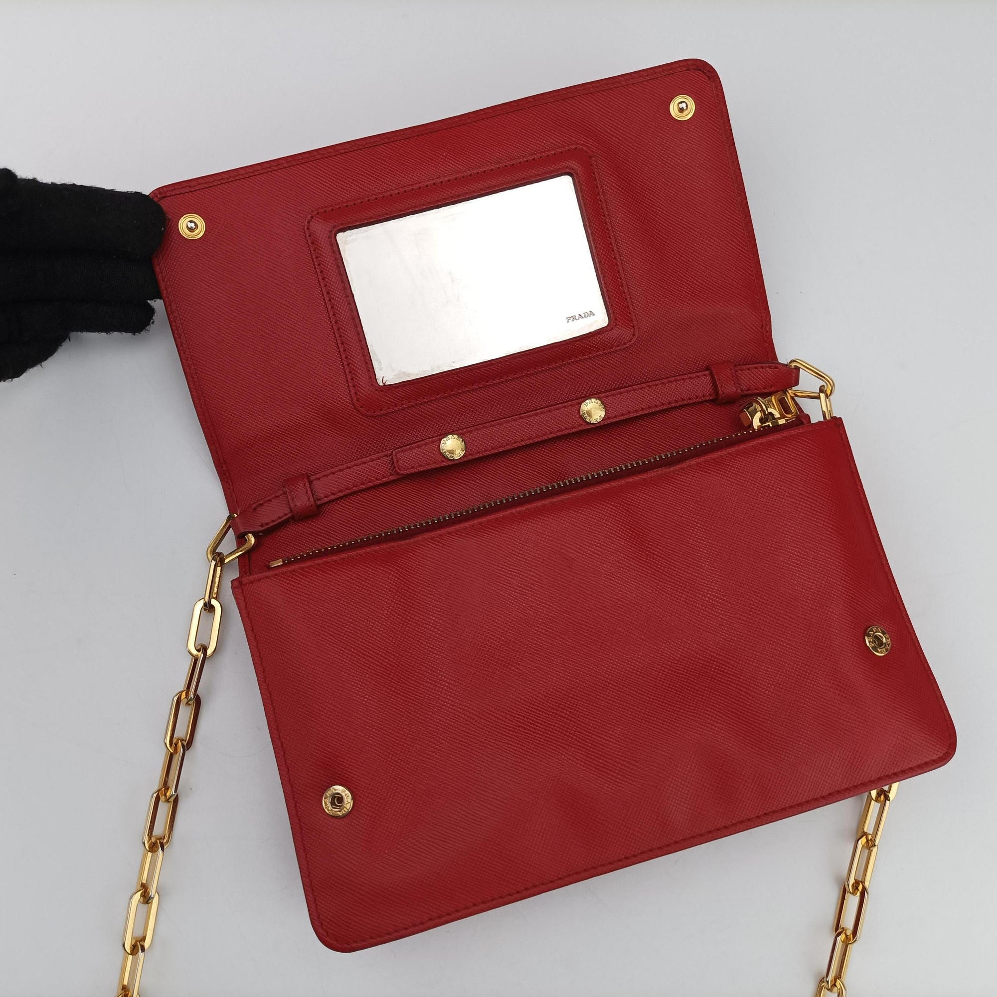 Vintage Prada Metal Wallet on Chain Cornflower Clutch Red Saffiano Leather 1MT290 shoulderbag | stylenewstar