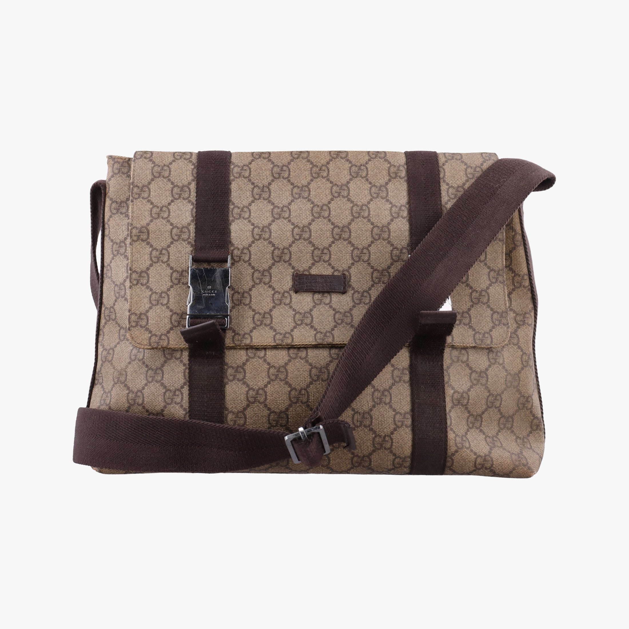 Pre-owned Gucci GG Supreme Double Buckle Beige × Dark Brown PVC coated canvas 122373 shoulderbag | stylenewstar