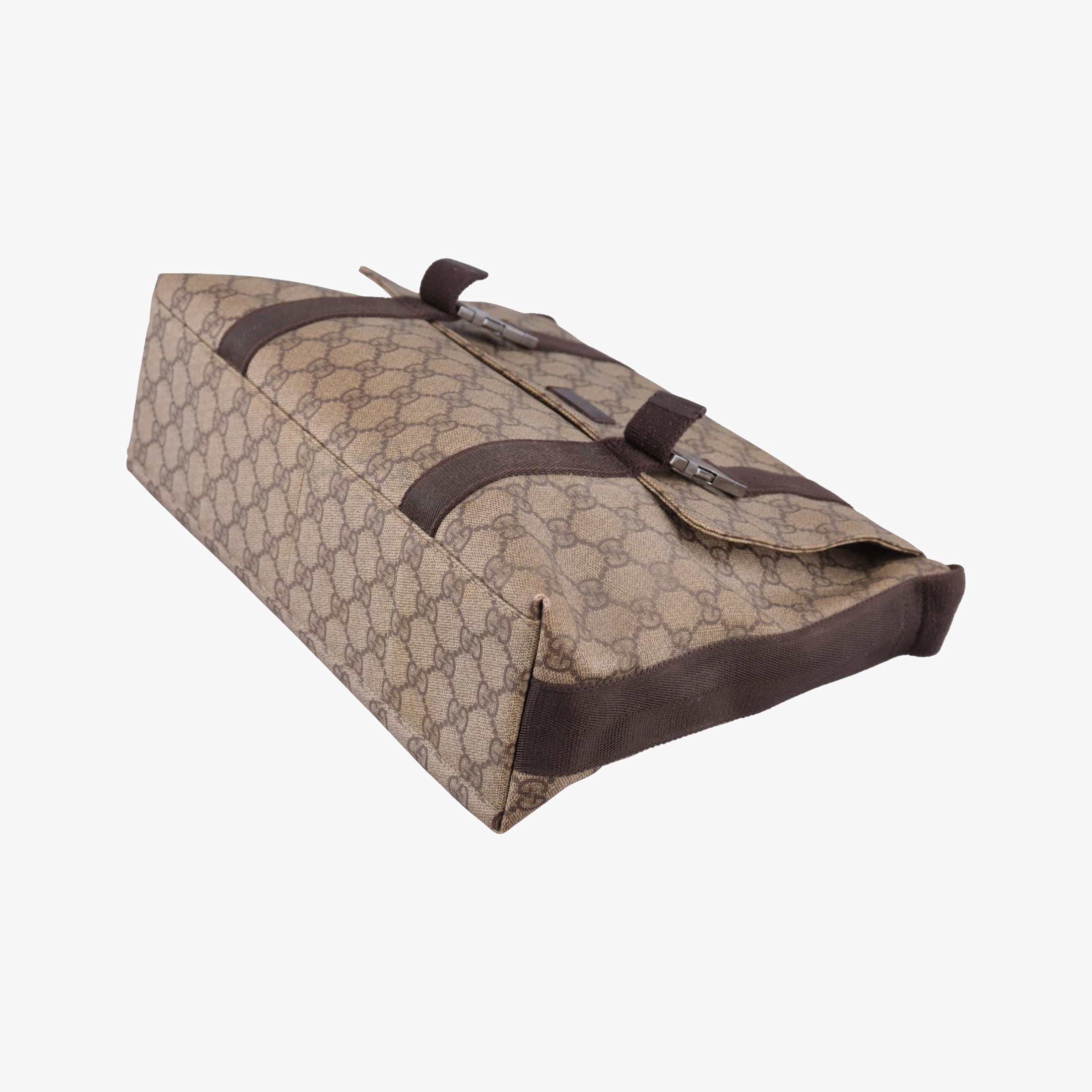 Pre-owned Gucci GG Supreme Double Buckle Beige × Dark Brown PVC coated canvas 122373 shoulderbag | stylenewstar