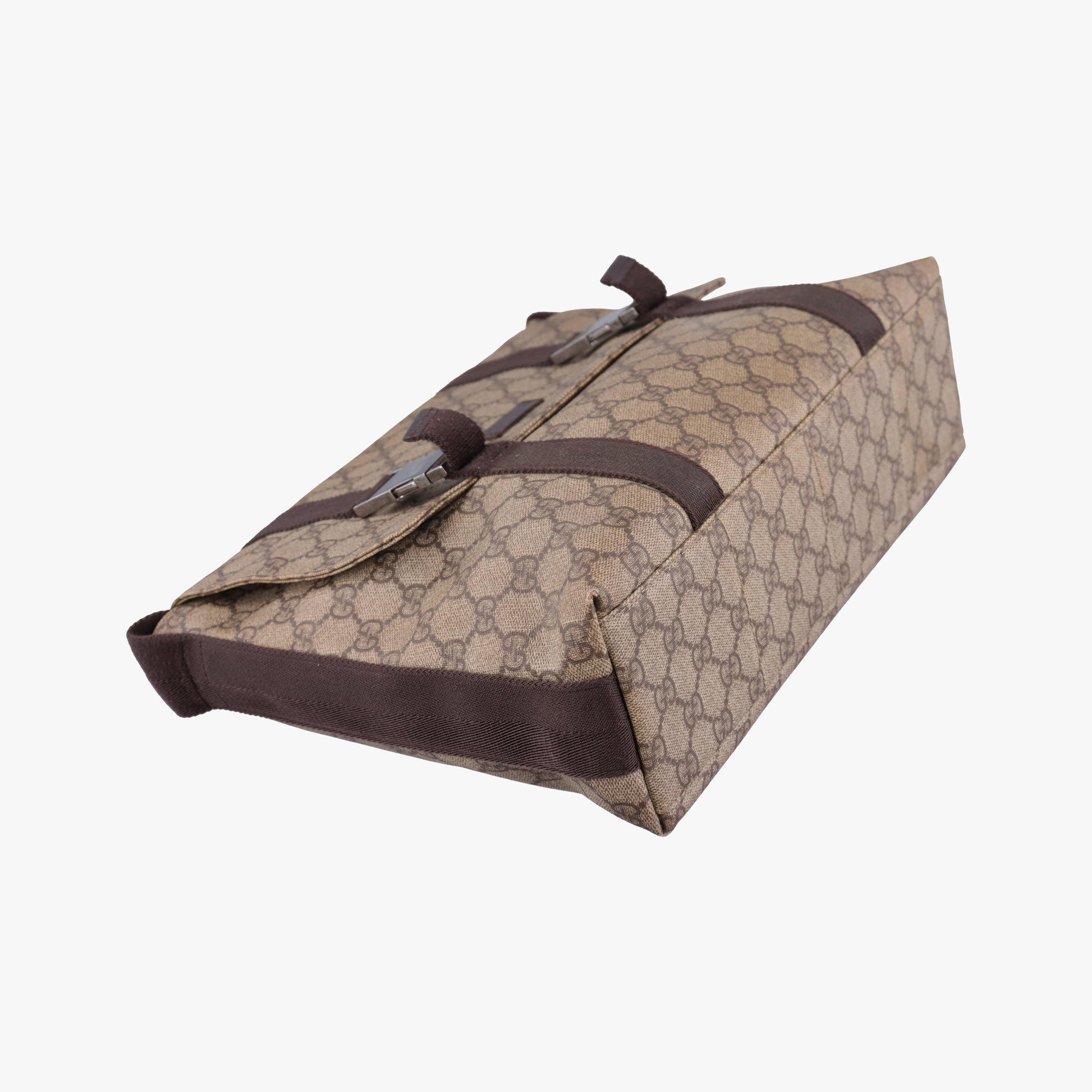Pre-owned Gucci GG Supreme Double Buckle Beige × Dark Brown PVC coated canvas 122373 shoulderbag | stylenewstar