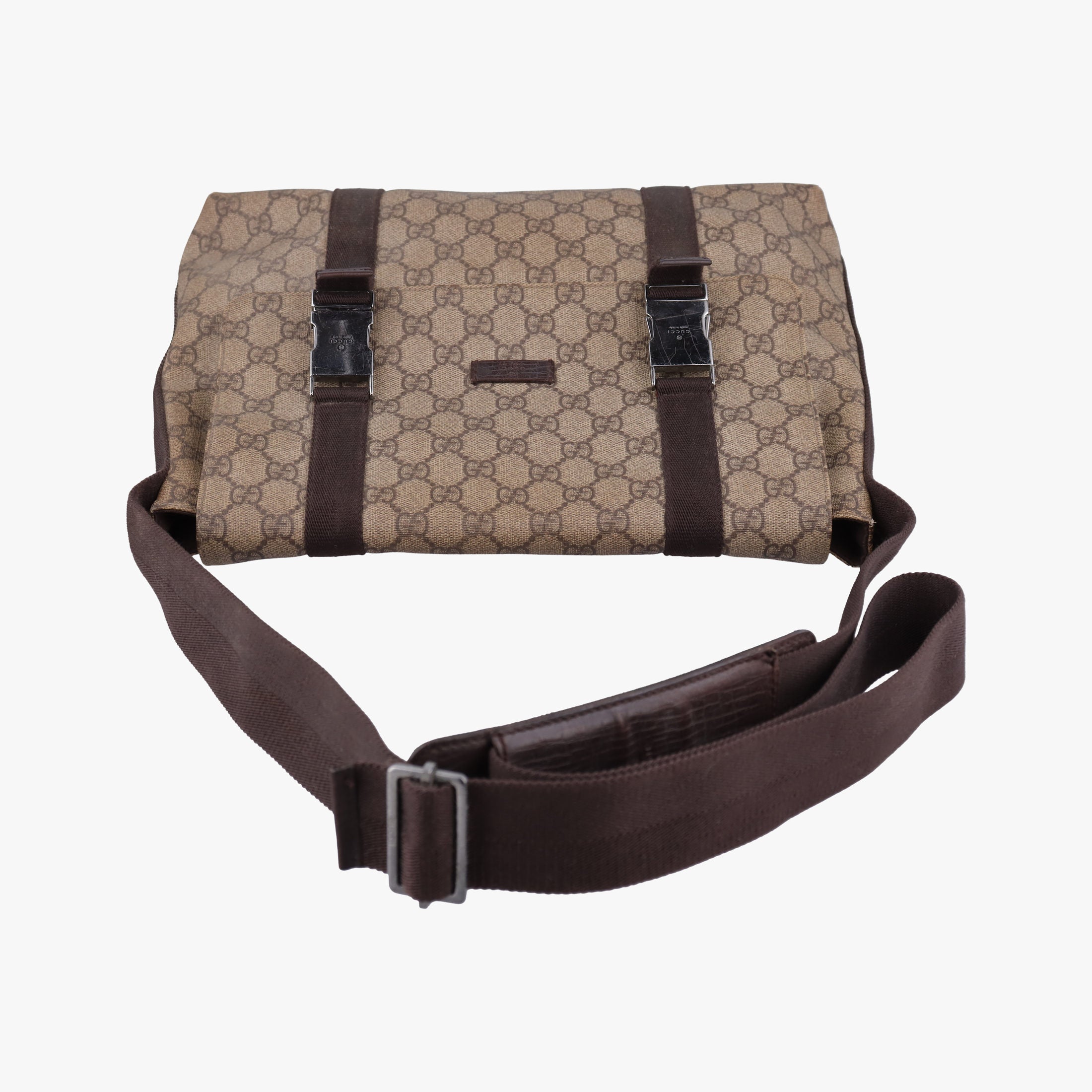 Pre-owned Gucci GG Supreme Double Buckle Beige × Dark Brown PVC coated canvas 122373 shoulderbag | stylenewstar