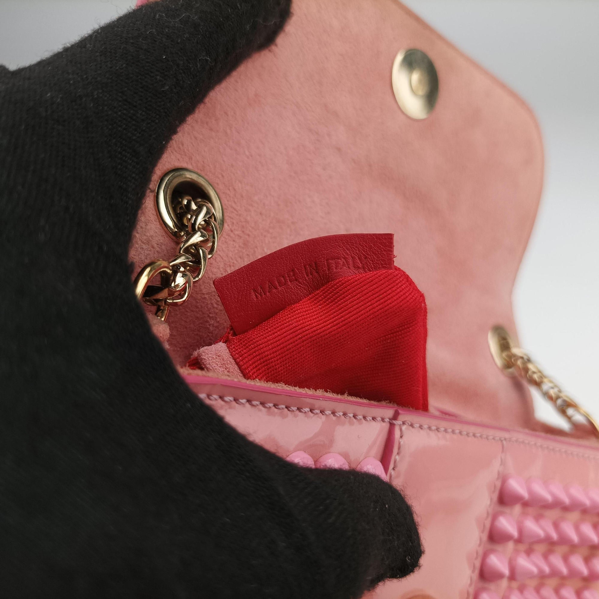 Pre-owned Christian Louboutin Sweet Charity Scarabe Spike Pink Patent  shoulderbag | stylenewstar