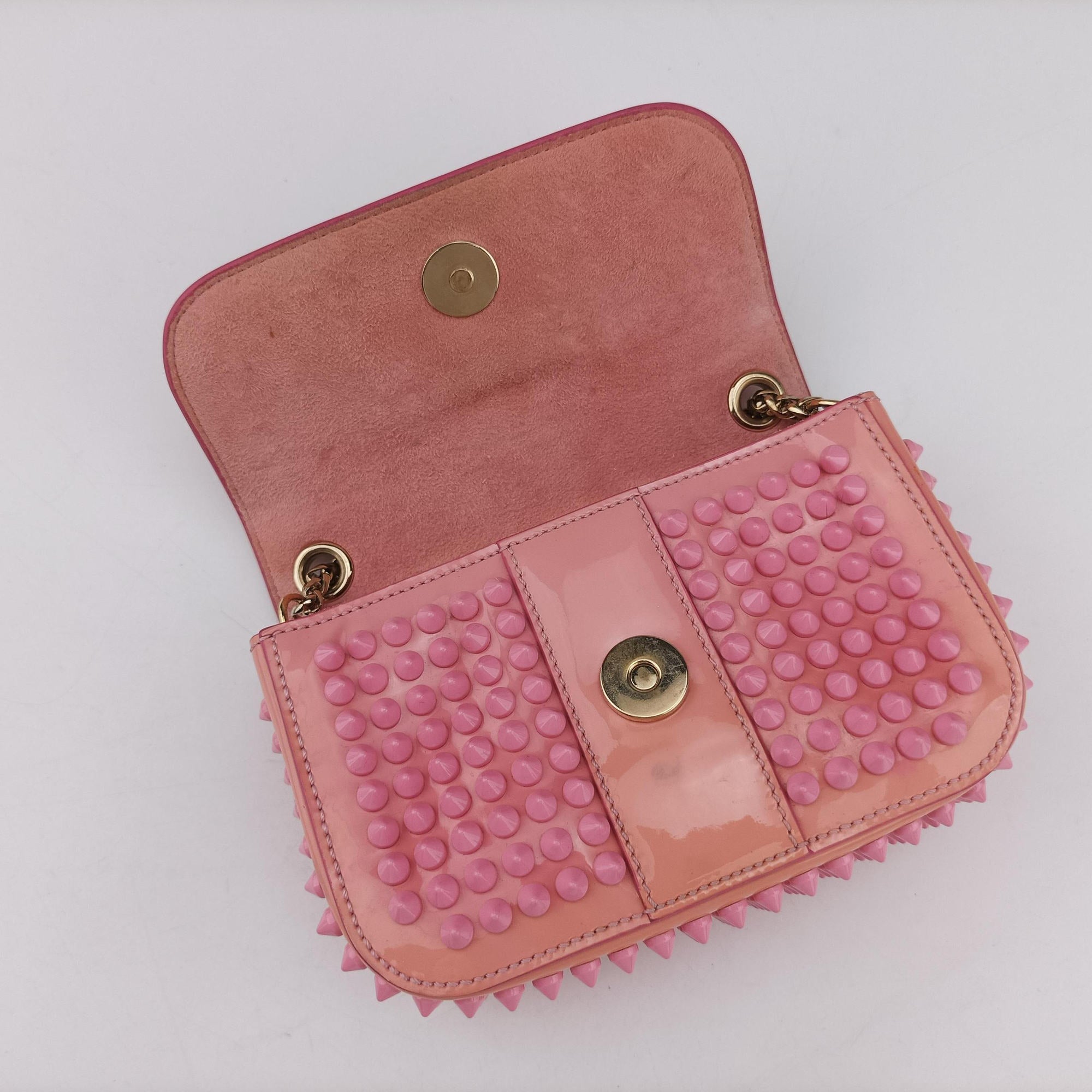 Pre-owned Christian Louboutin Sweet Charity Scarabe Spike Pink Patent  shoulderbag | stylenewstar