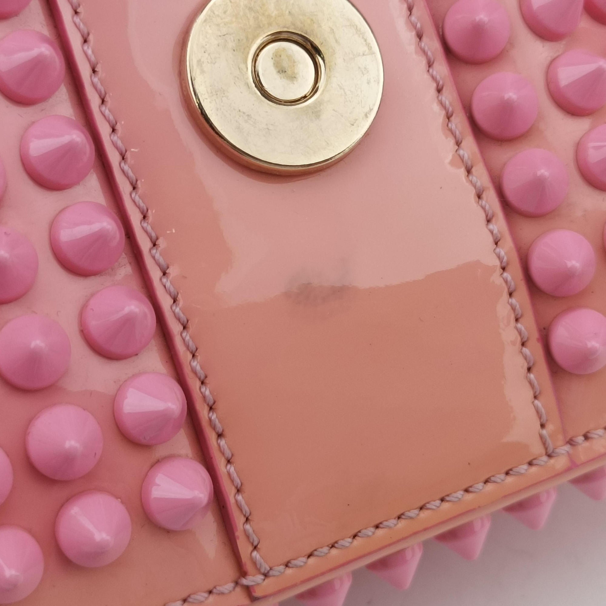 Pre-owned Christian Louboutin Sweet Charity Scarabe Spike Pink Patent  shoulderbag | stylenewstar