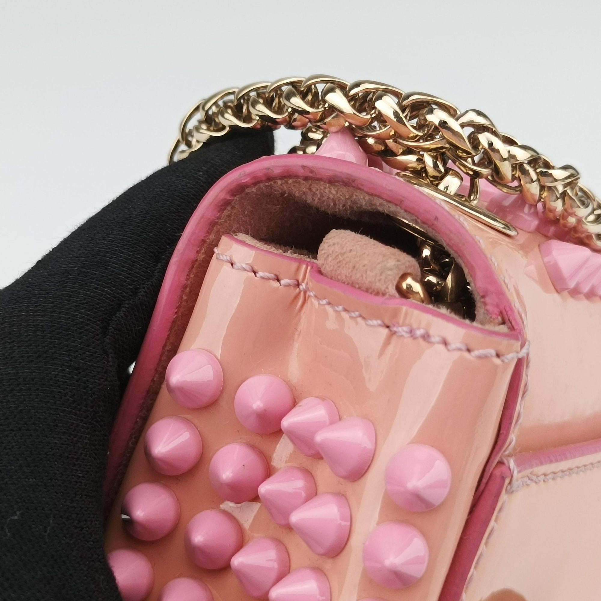 Pre-owned Christian Louboutin Sweet Charity Scarabe Spike Pink Patent  shoulderbag | stylenewstar