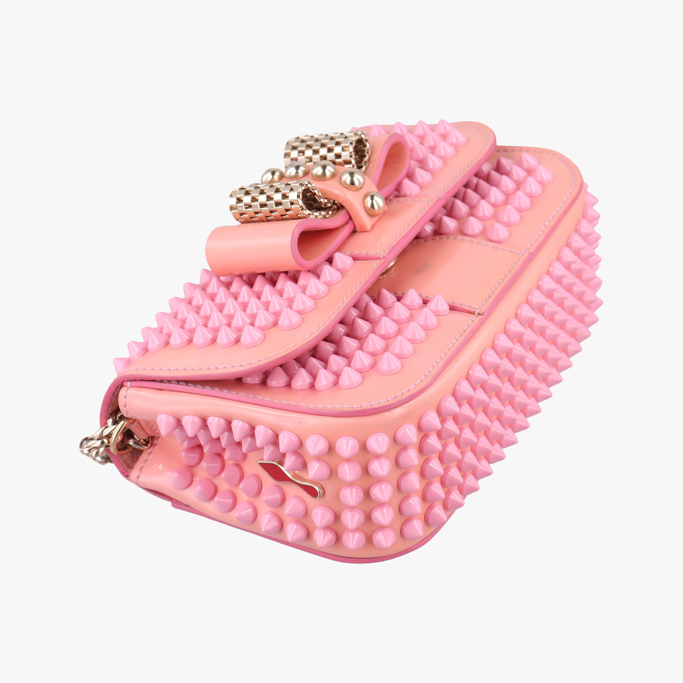 Pre-owned Christian Louboutin Sweet Charity Scarabe Spike Pink Patent  shoulderbag | stylenewstar