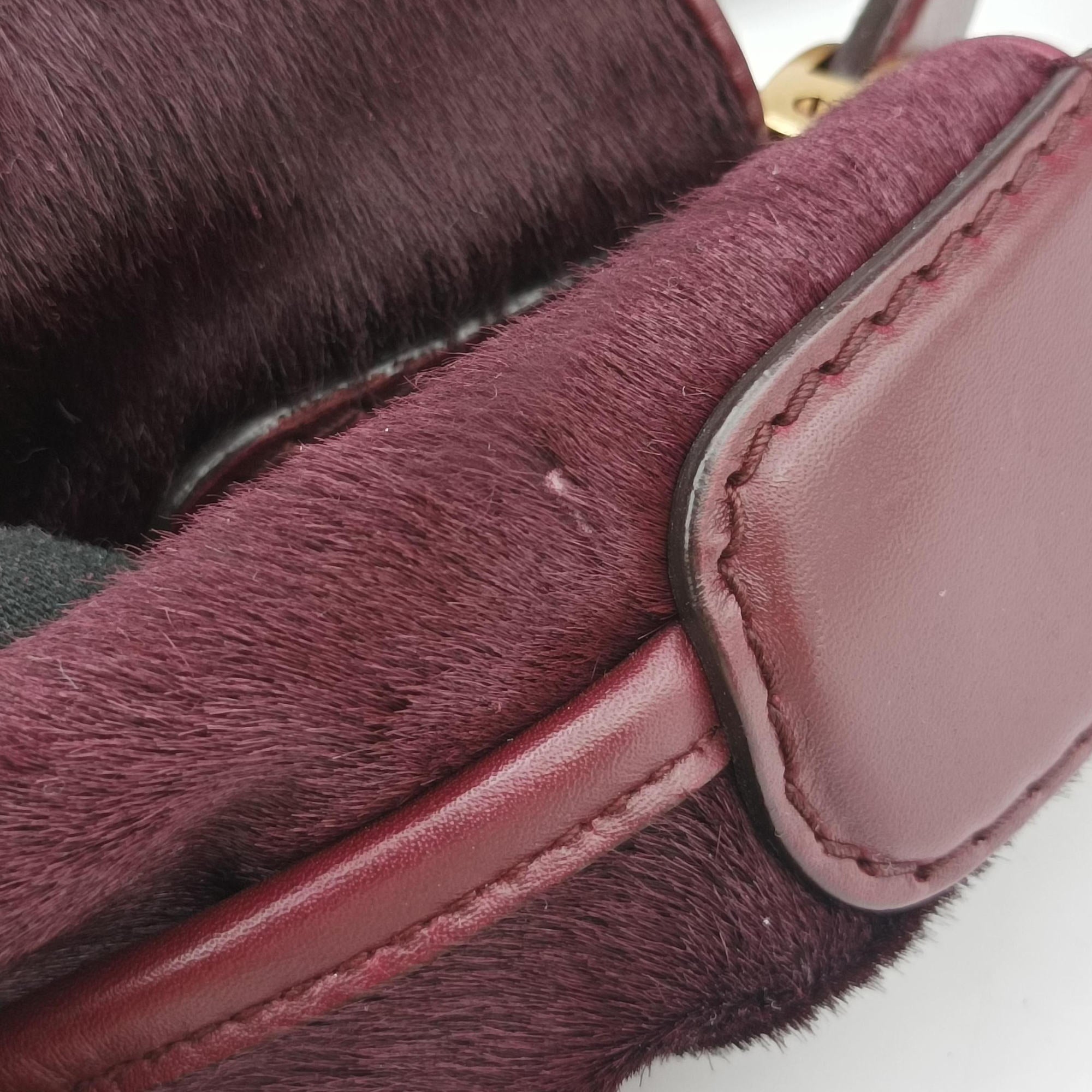 Secondhand Gucci Stirrup Exotic Horsebit Burgundy ponyhair 296855 handbag | stylenewstar