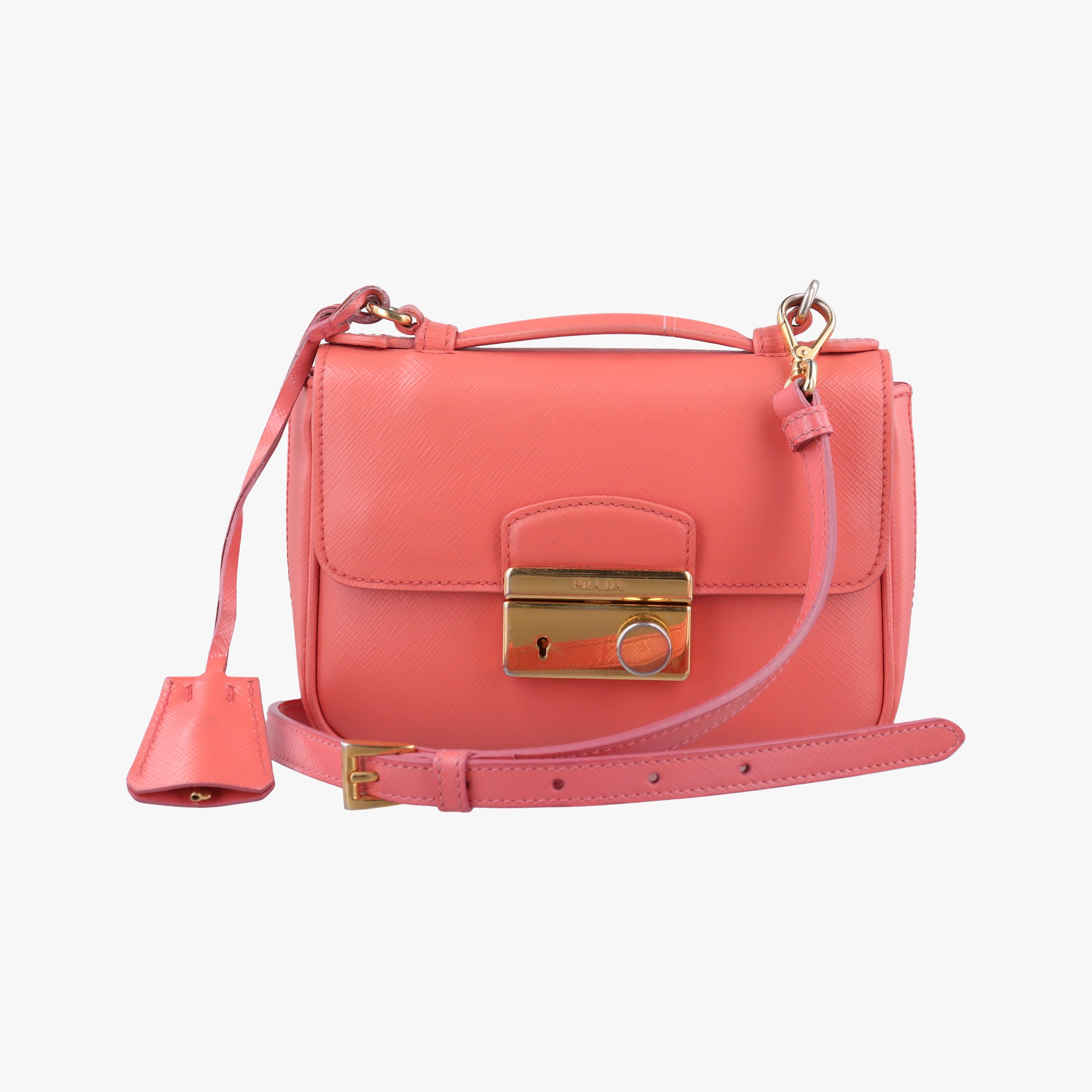 Vintage Prada lock Fuoco Sound Top Handle Pink orange SAFFIANO Leather BT0963 shoulderbag | stylenewstar