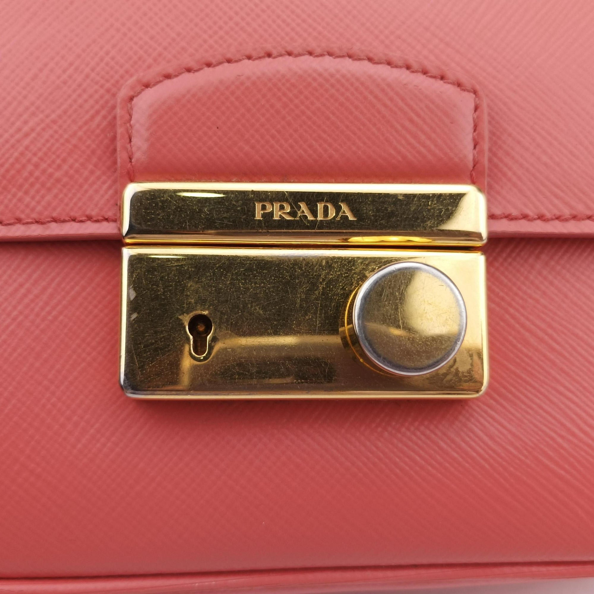 Vintage Prada lock Fuoco Sound Top Handle Pink orange SAFFIANO Leather BT0963 shoulderbag | stylenewstar