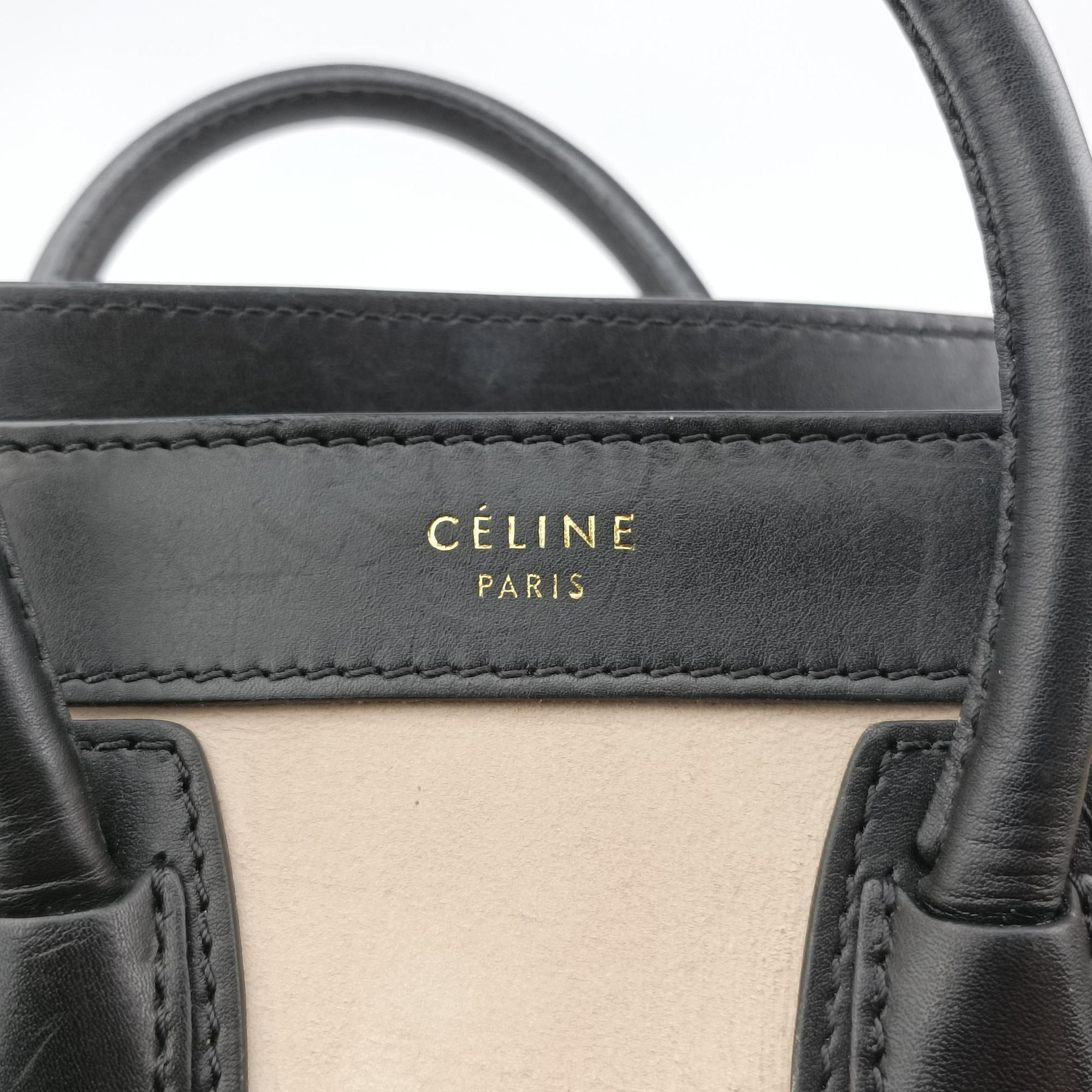 Pre-owned Celine Luggage Mini Shopper Beige×Black×brown Suede × leather  handbag | stylenewstar