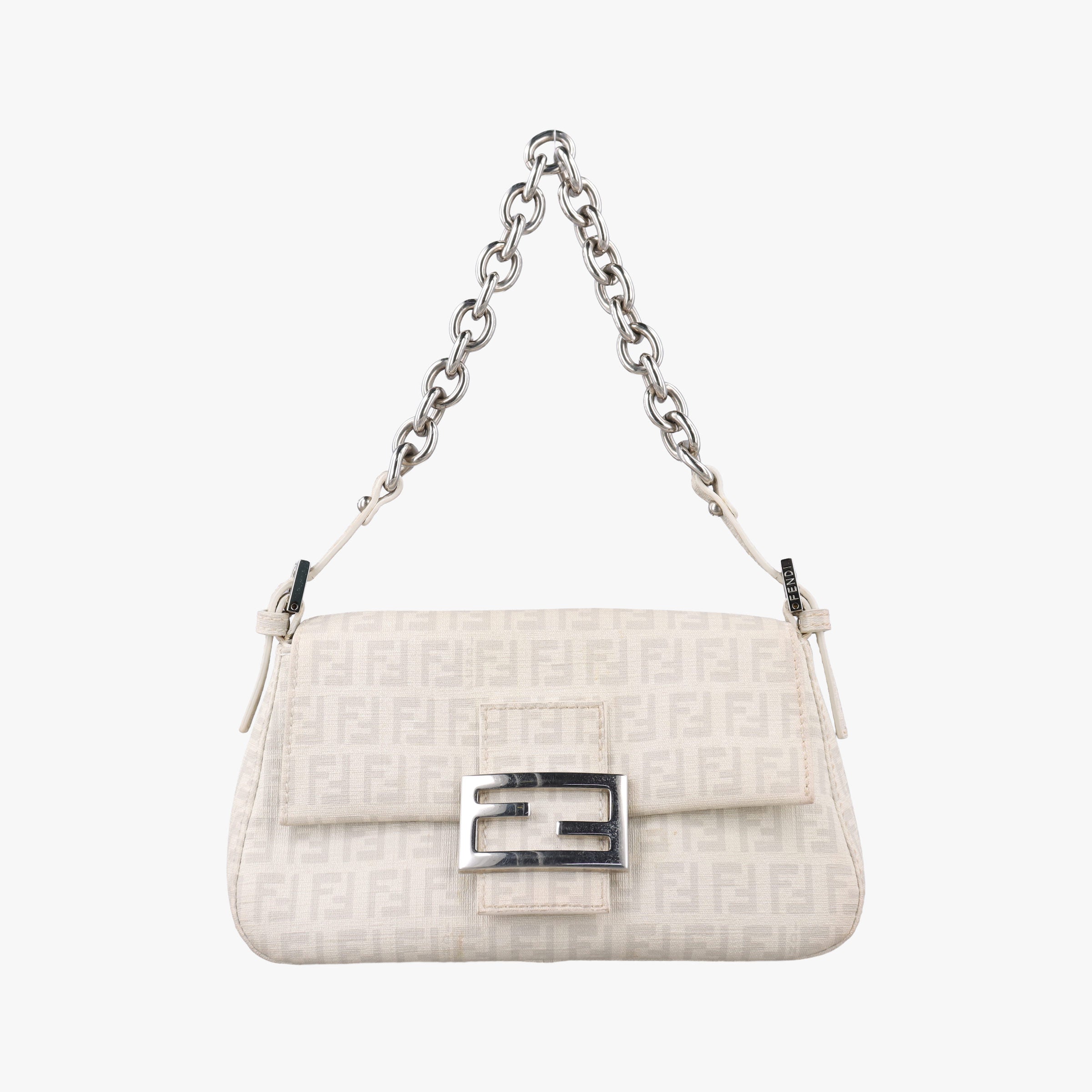 Pre-owned Fendi Baguette White PVC coated canvas 8BR180 shoulderbag | stylenewstar