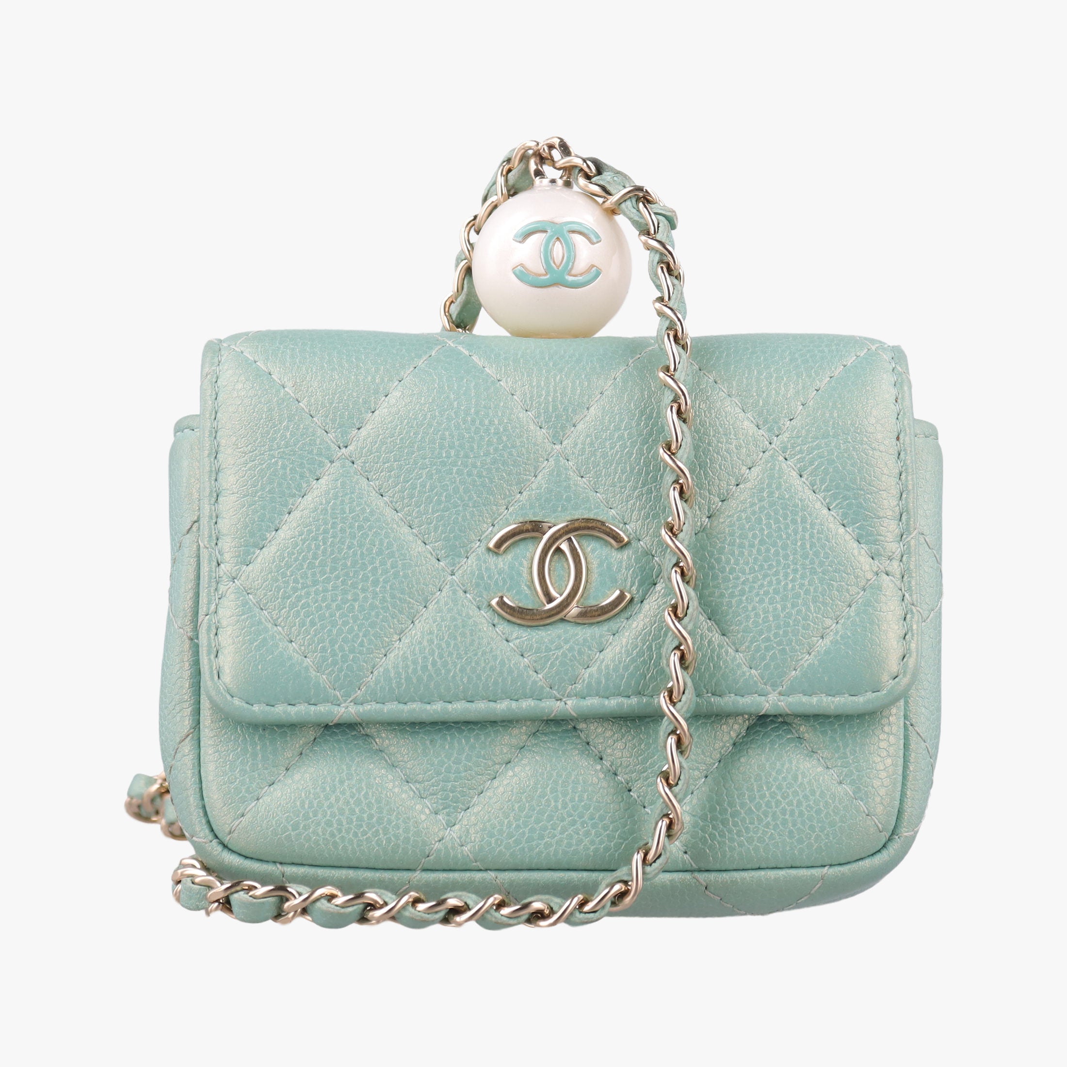 Secondhand Chanel Mini Matelasse Pearl Coin Purse Green lambskin AP2119 handbag | stylenewstar