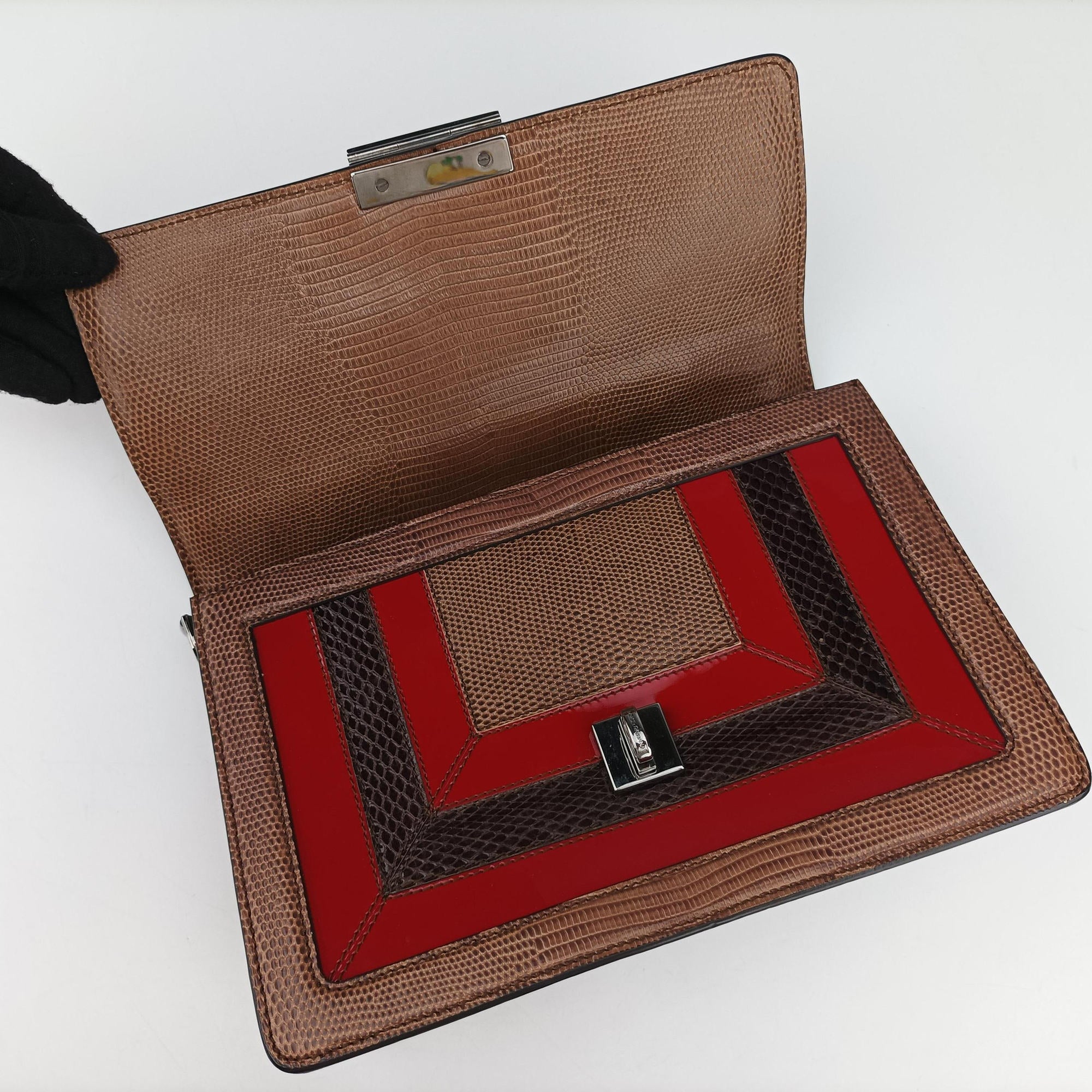 Pre-owned Dolce & Gabbana Rosalia Brown × Red Lizard-Embossed Leather × Patent  shoulderbag | stylenewstar