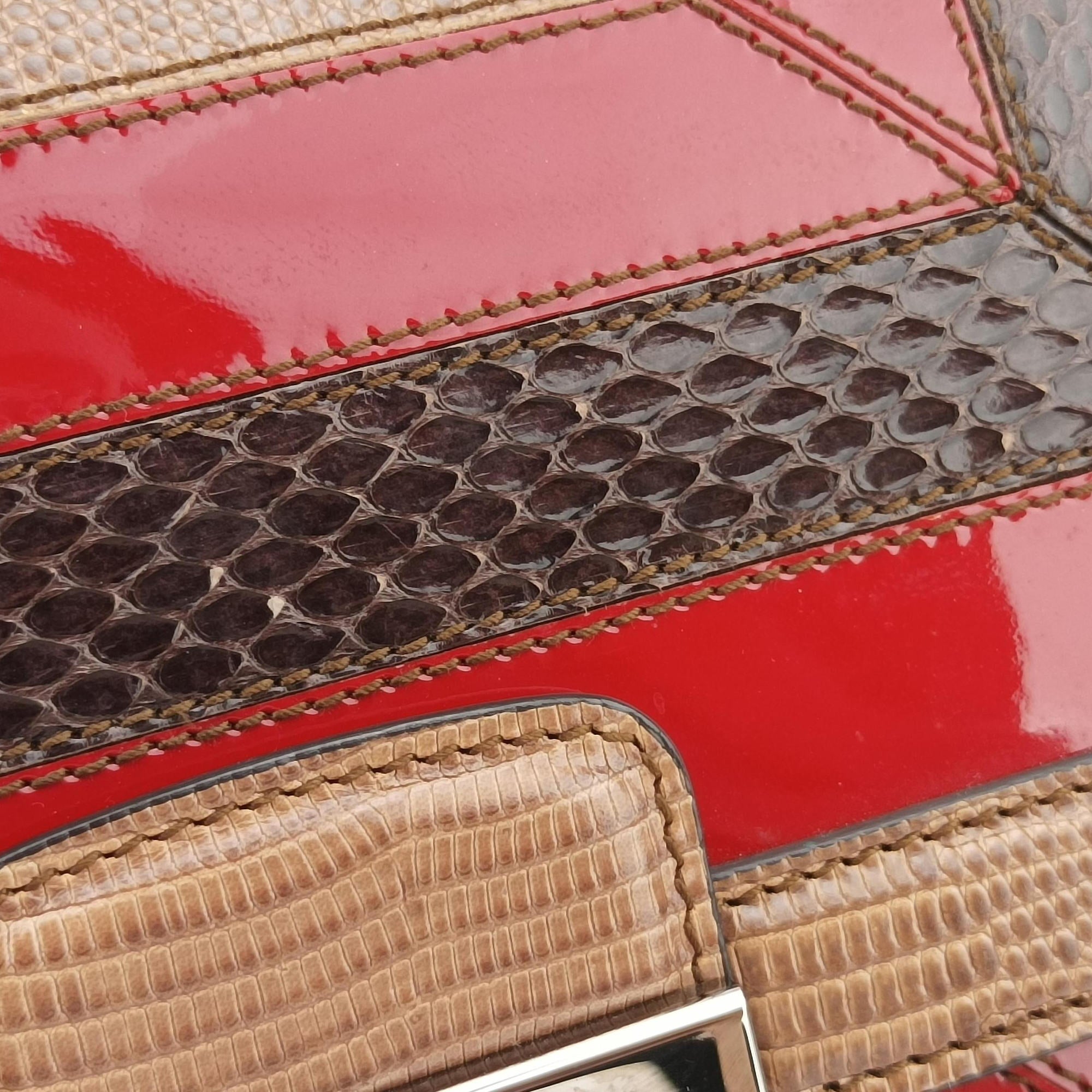Pre-owned Dolce & Gabbana Rosalia Brown × Red Lizard-Embossed Leather × Patent  shoulderbag | stylenewstar