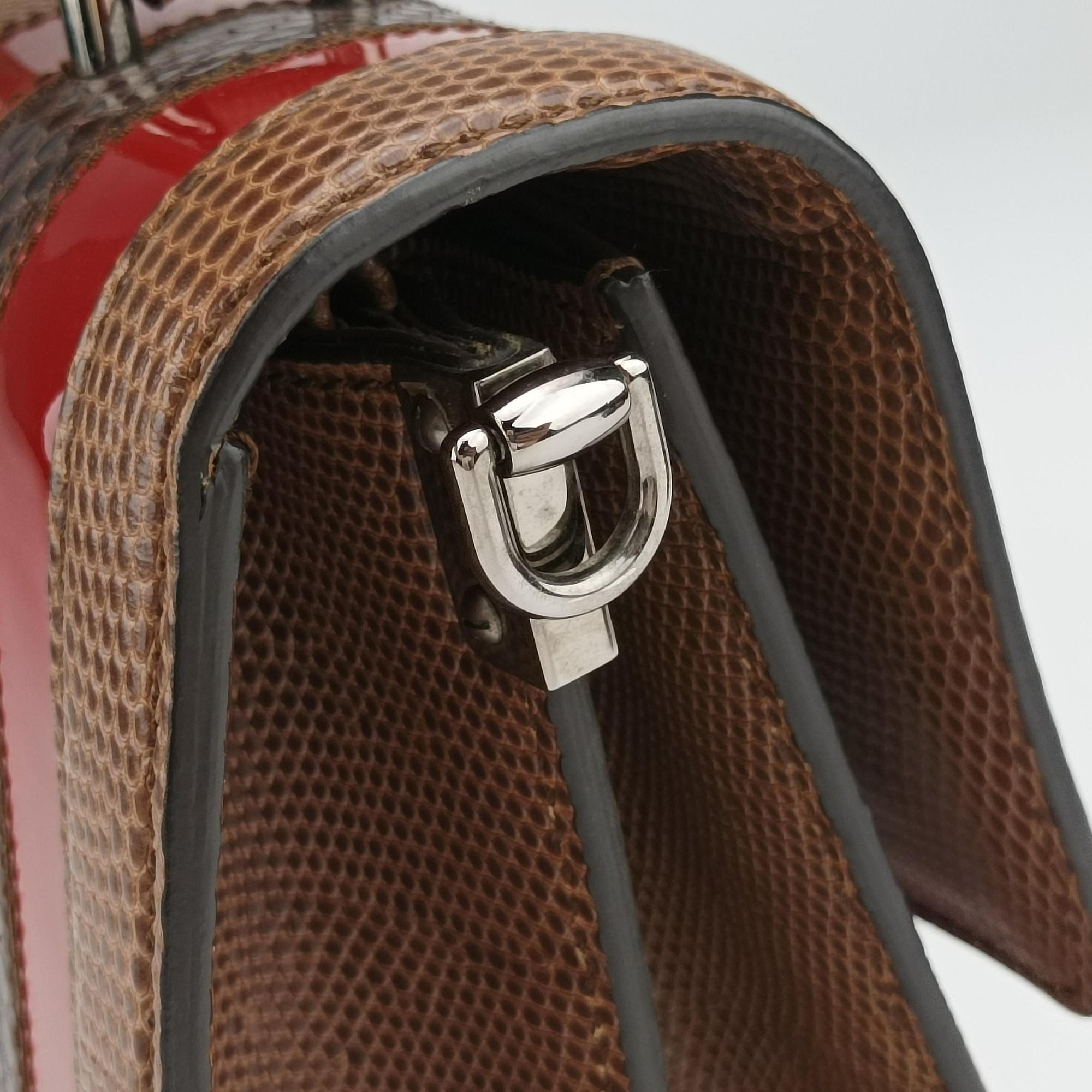 Pre-owned Dolce & Gabbana Rosalia Brown × Red Lizard-Embossed Leather × Patent  shoulderbag | stylenewstar