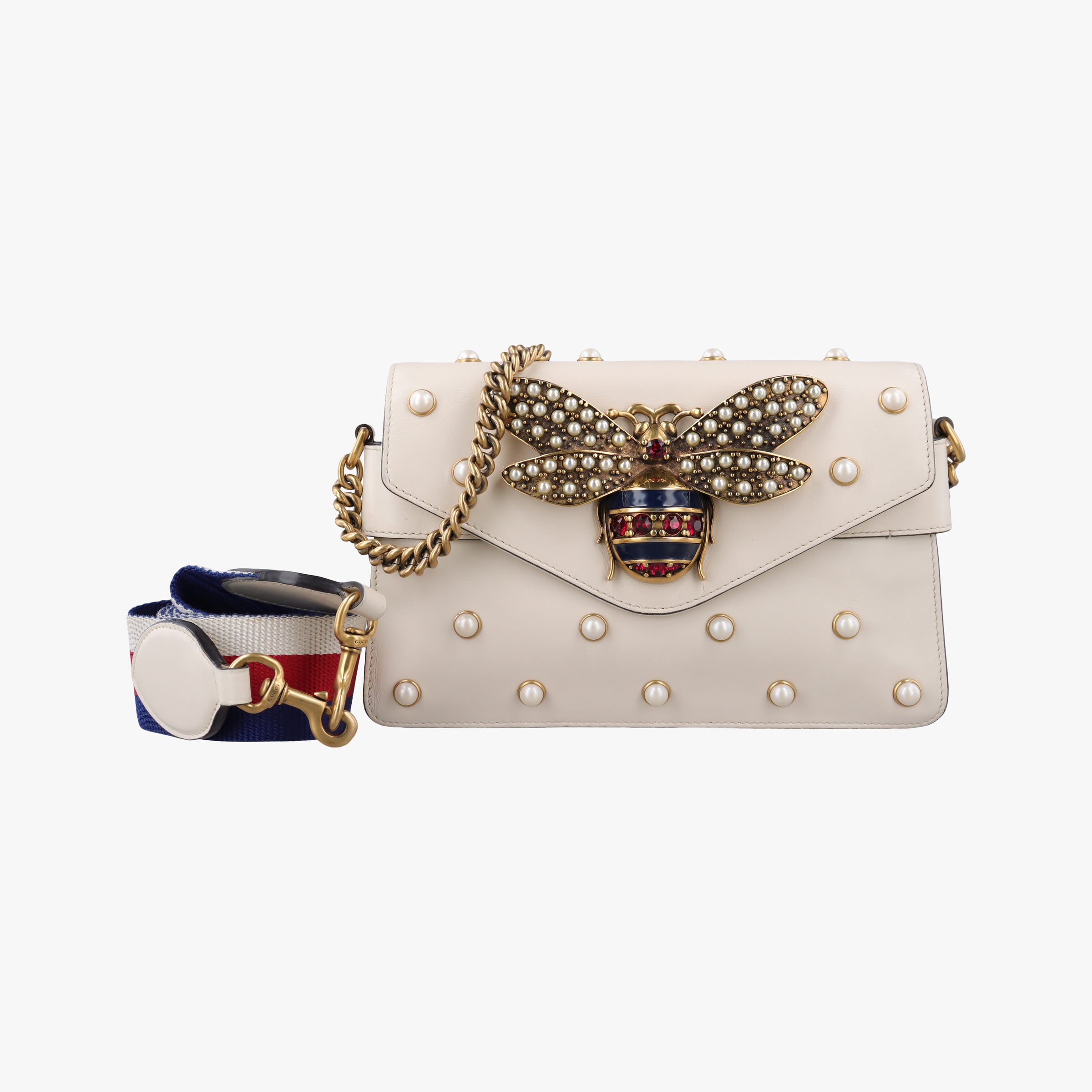 Secondhand Gucci Broadway Pearl Bee White Leather 453778 shoulderbag | stylenewstar