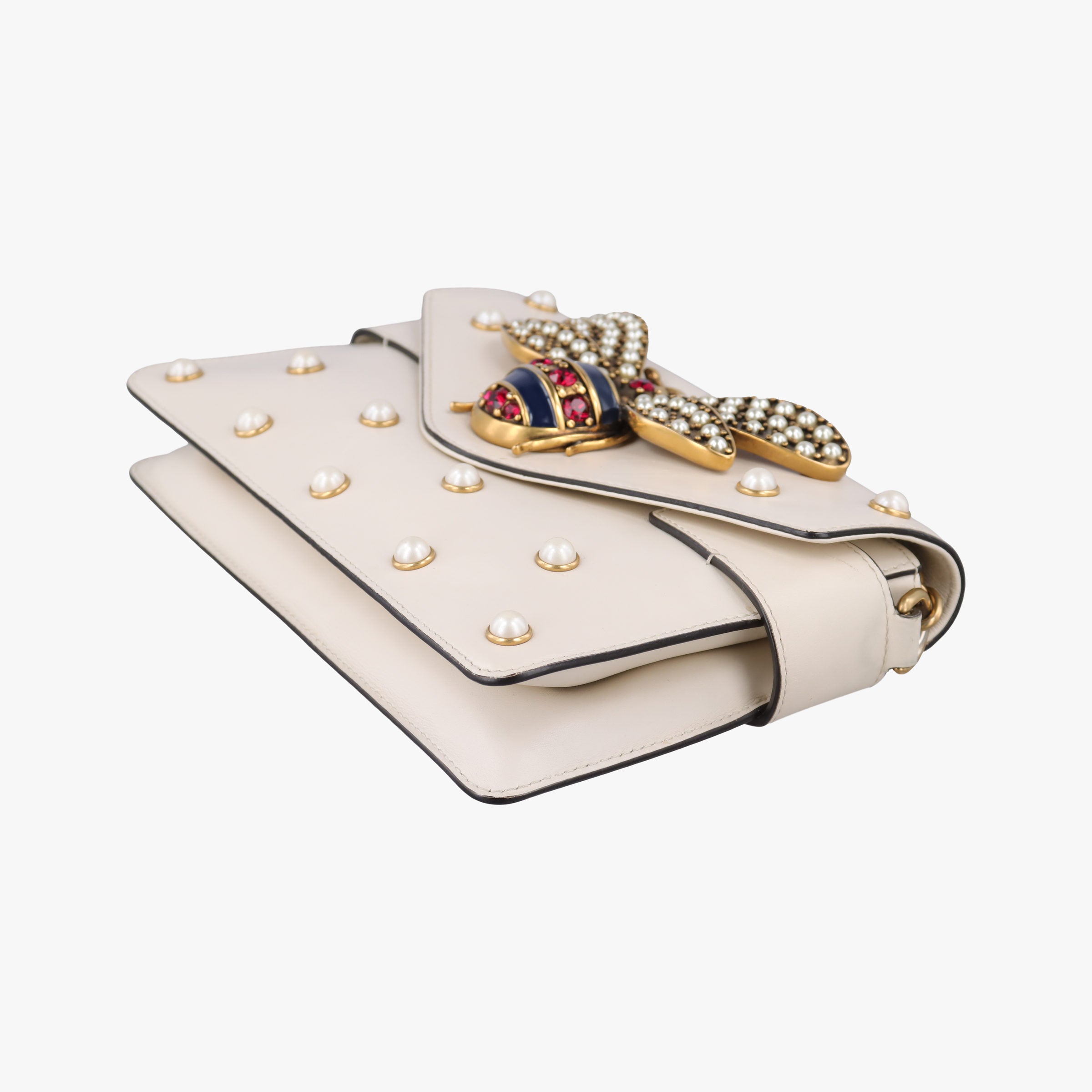 Secondhand Gucci Broadway Pearl Bee White Leather 453778 shoulderbag | stylenewstar