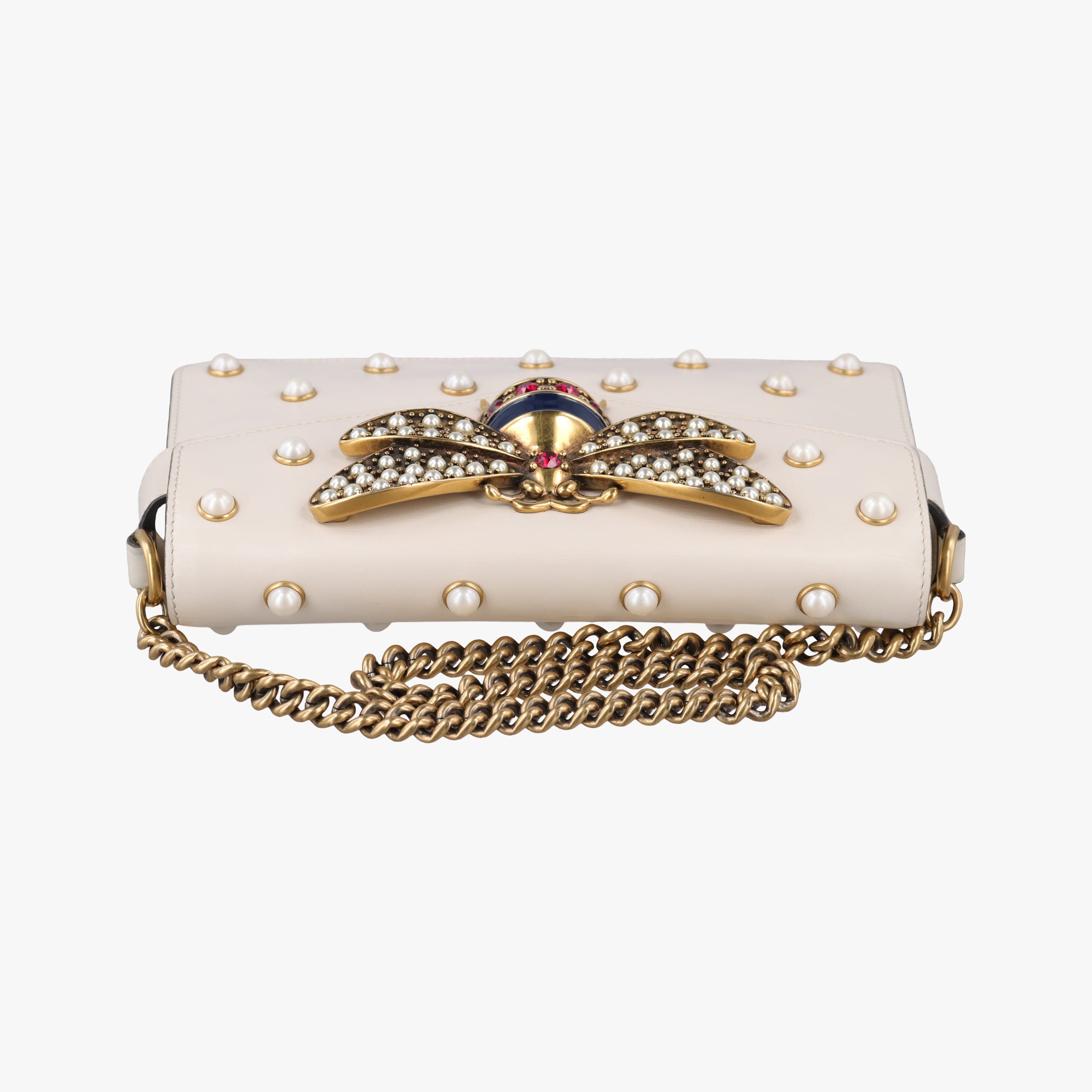 Secondhand Gucci Broadway Pearl Bee White Leather 453778 shoulderbag | stylenewstar