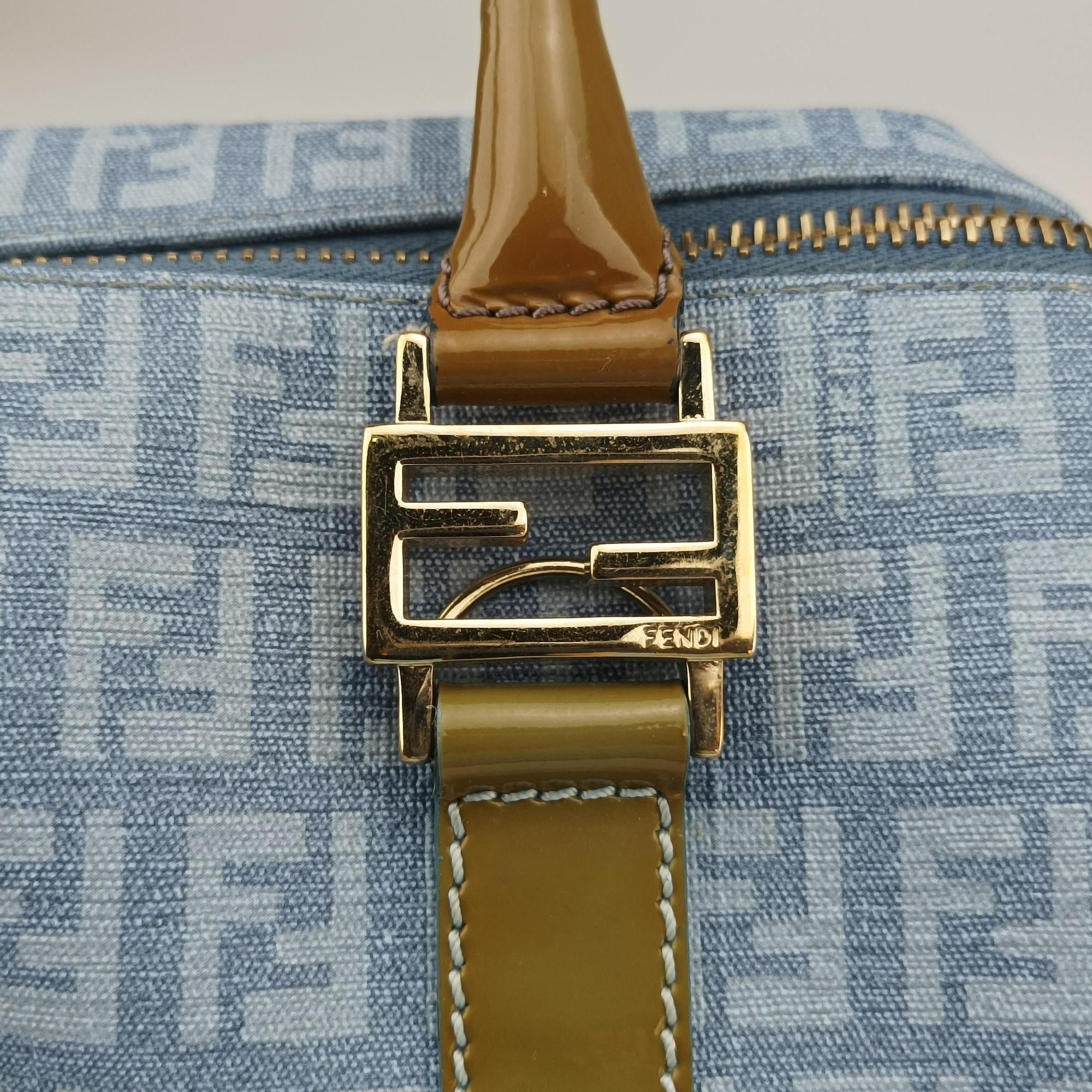 Pre-owned Fendi Zucchino Glitter Logo Blue PVC coated canvas 8BL068 handbag | stylenewstar