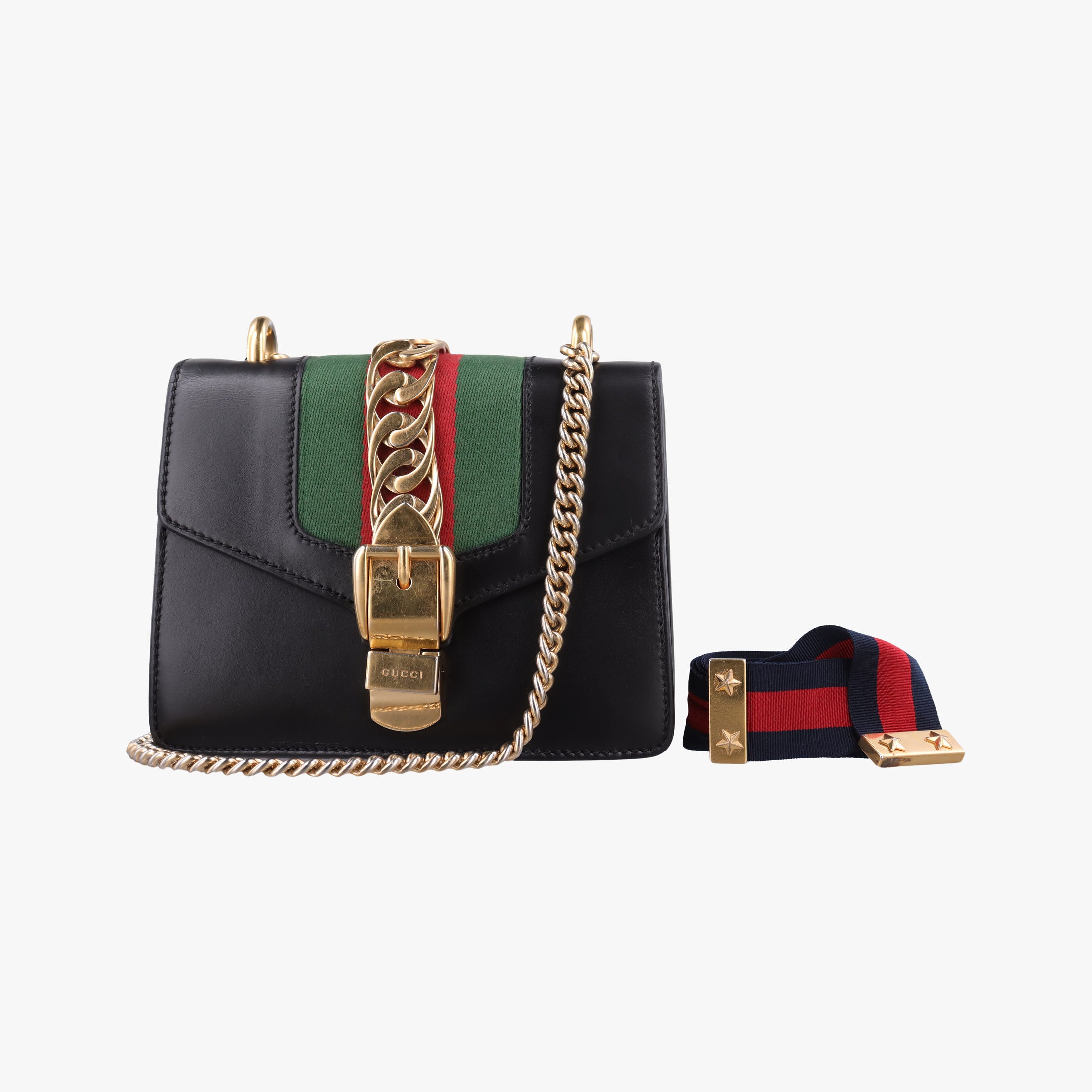 Pre-owned Gucci Sylvie Black×red×green Leather 431666 shoulderbag | stylenewstar