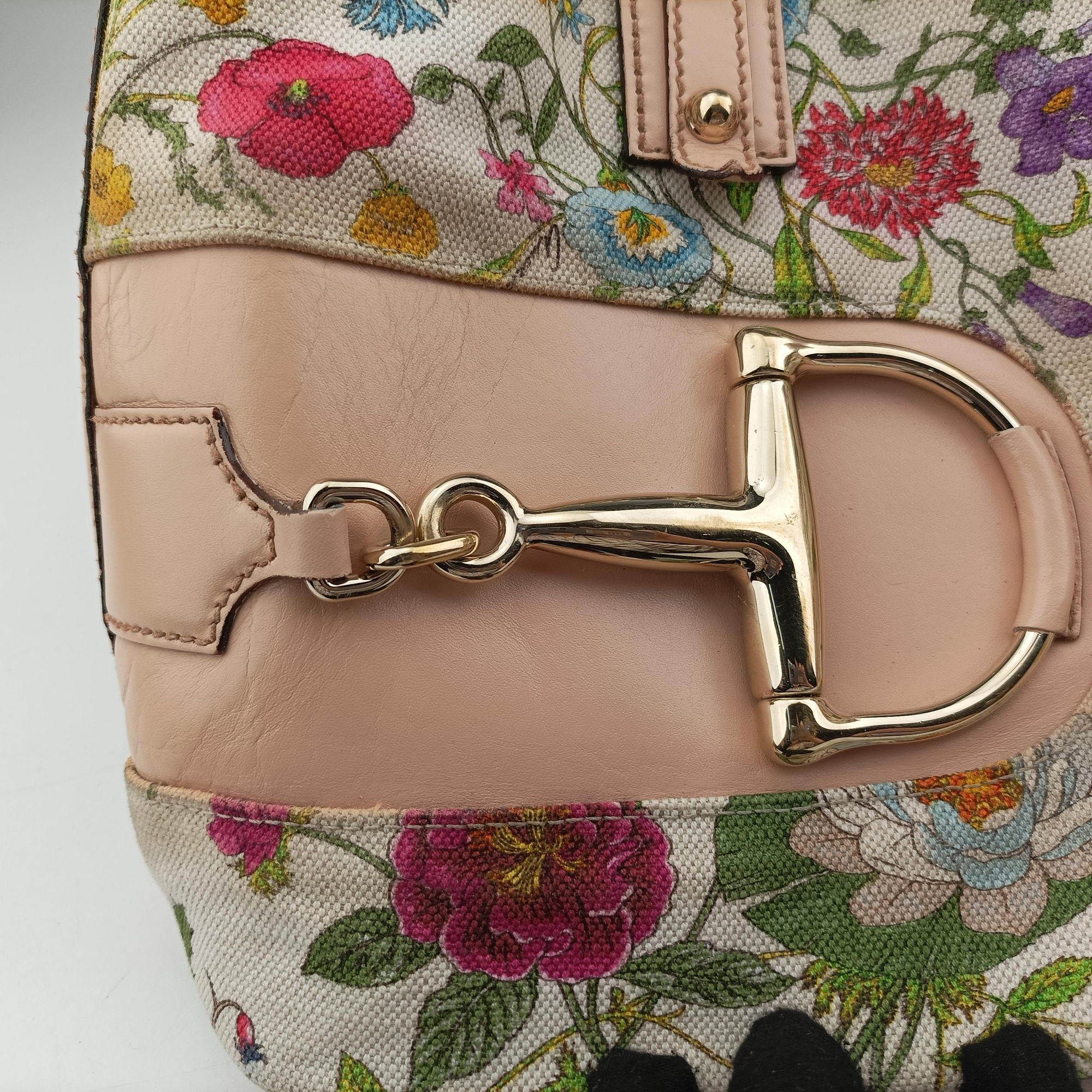 Pre-owned Gucci Horsebit Medium Hasler Ivory×Pink×Multicolor canvas×leather 137385 handbag | stylenewstar