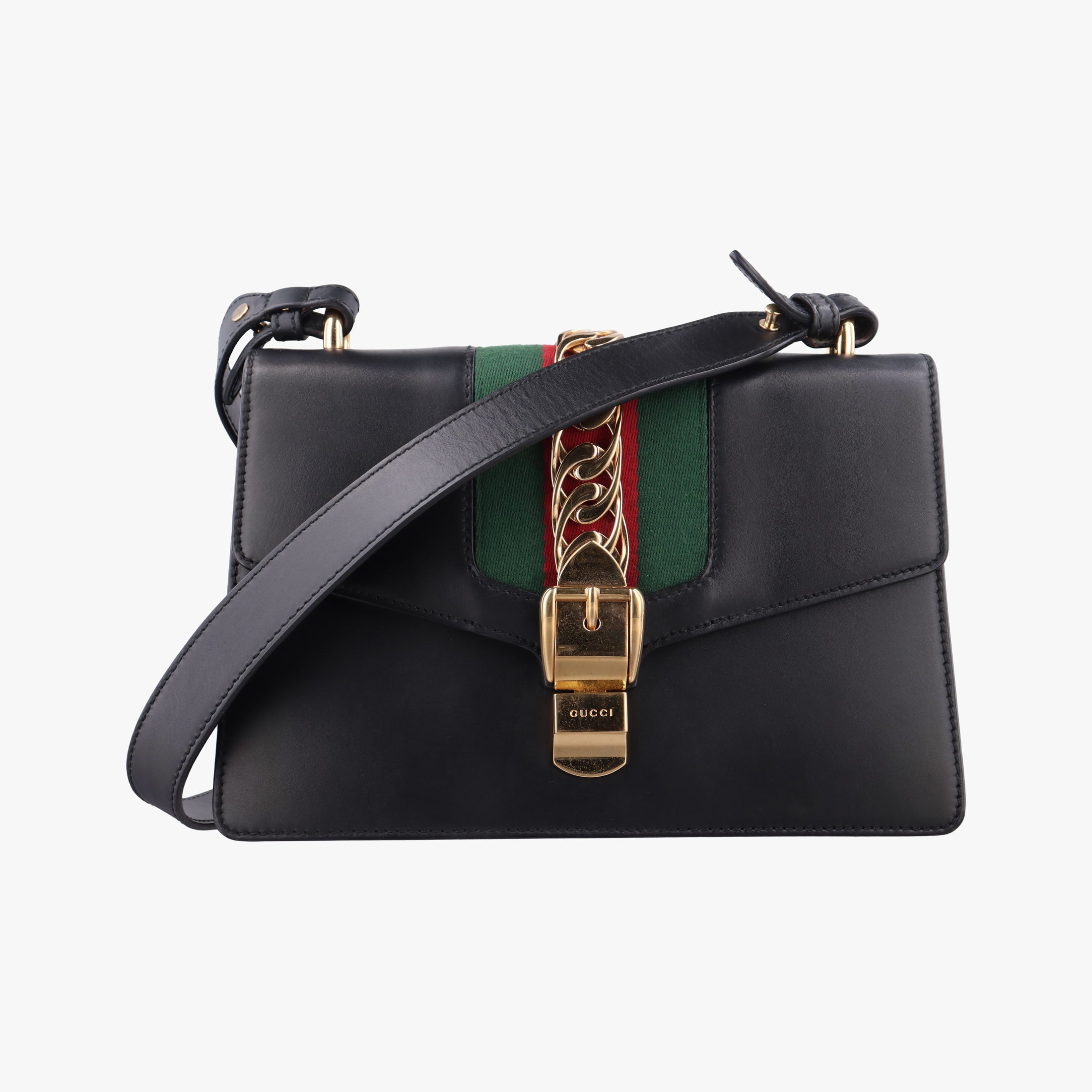 Pre-owned Gucci Sylvie Black×green×red Leather 421882 shoulderbag | stylenewstar