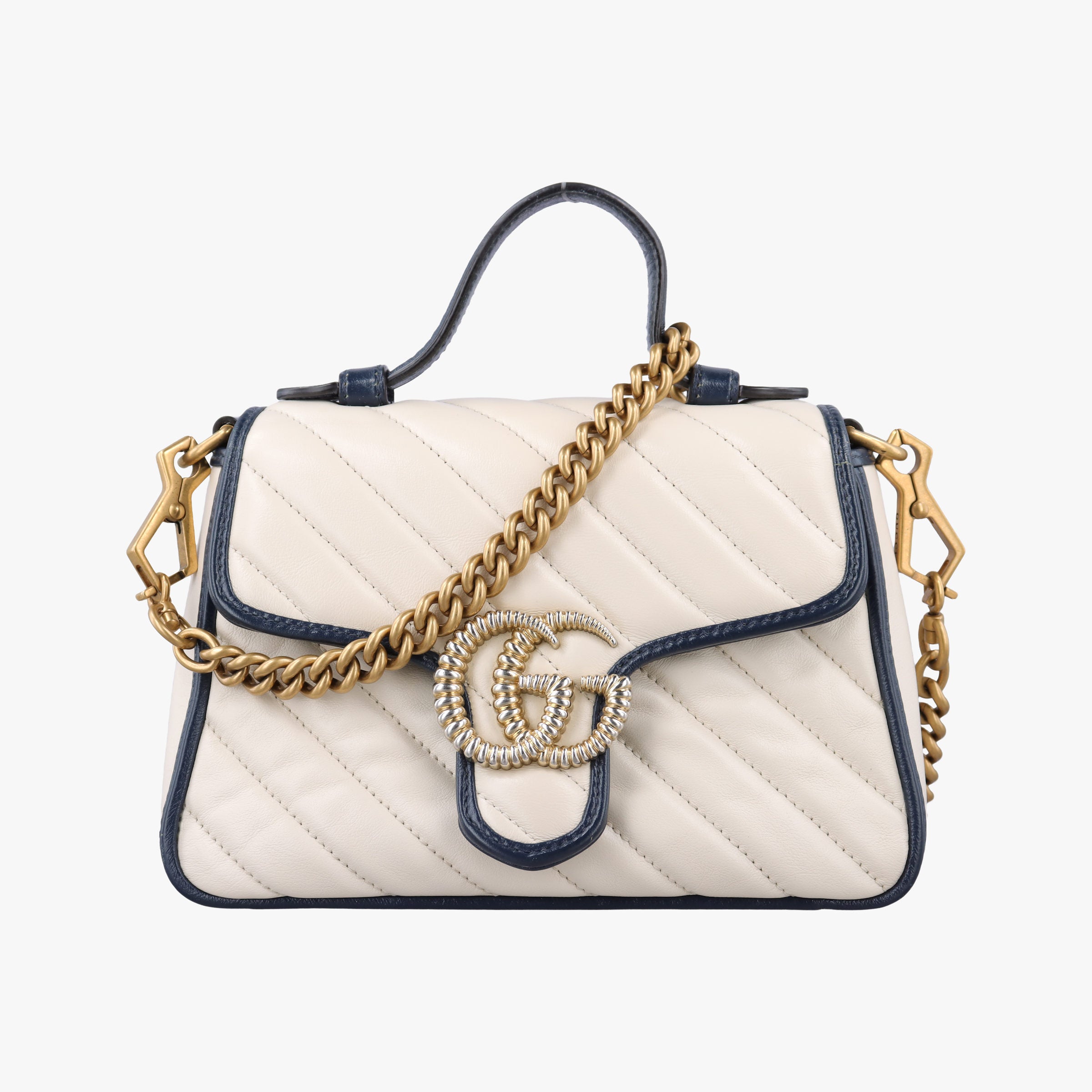 Pre-owned Gucci GG Marmont White×navy Leather 583571 shoulderbag | stylenewstar