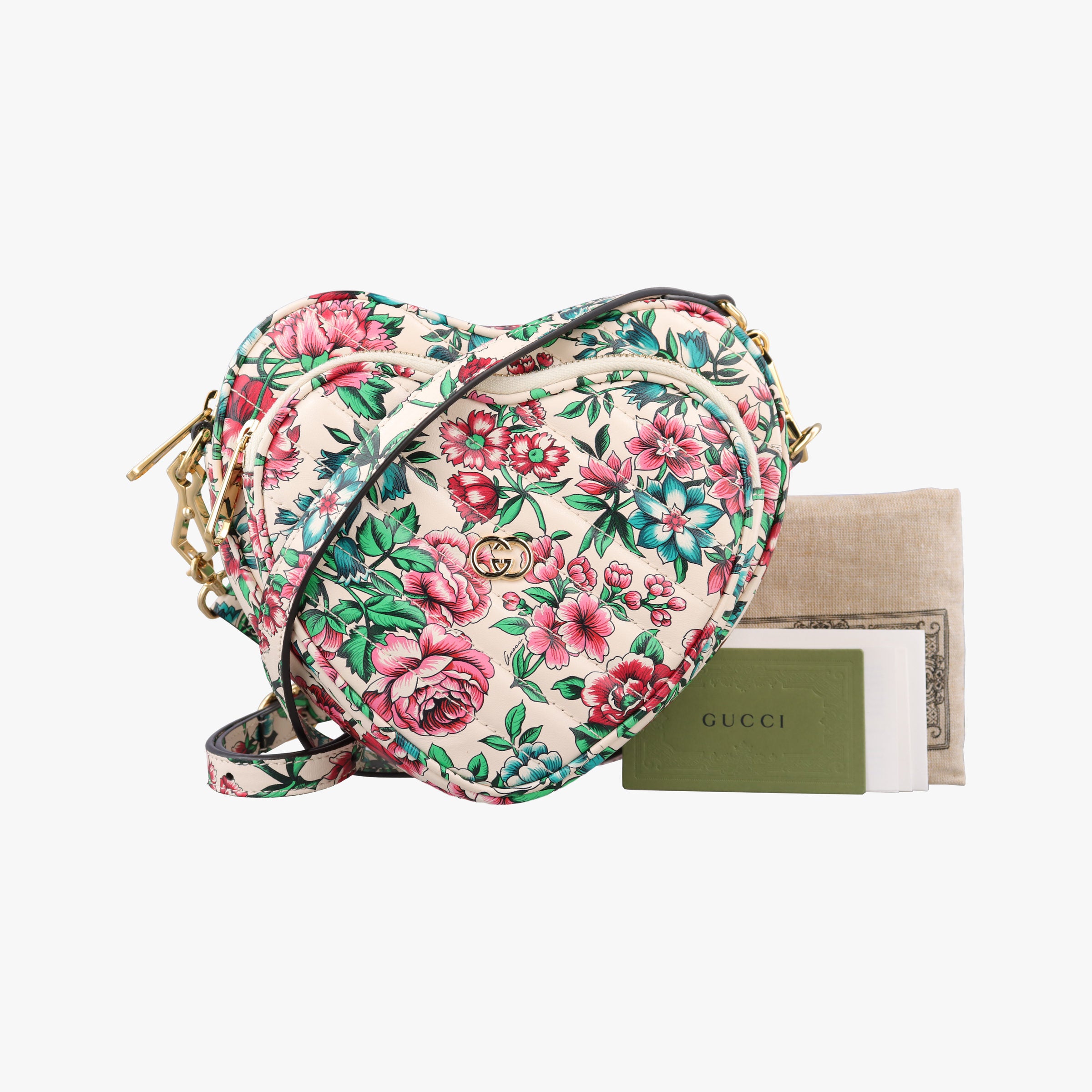 Pre-owned Gucci GG Marmont Flower Print Heart Multicolour Leather 740355 shoulderbag | stylenewstar