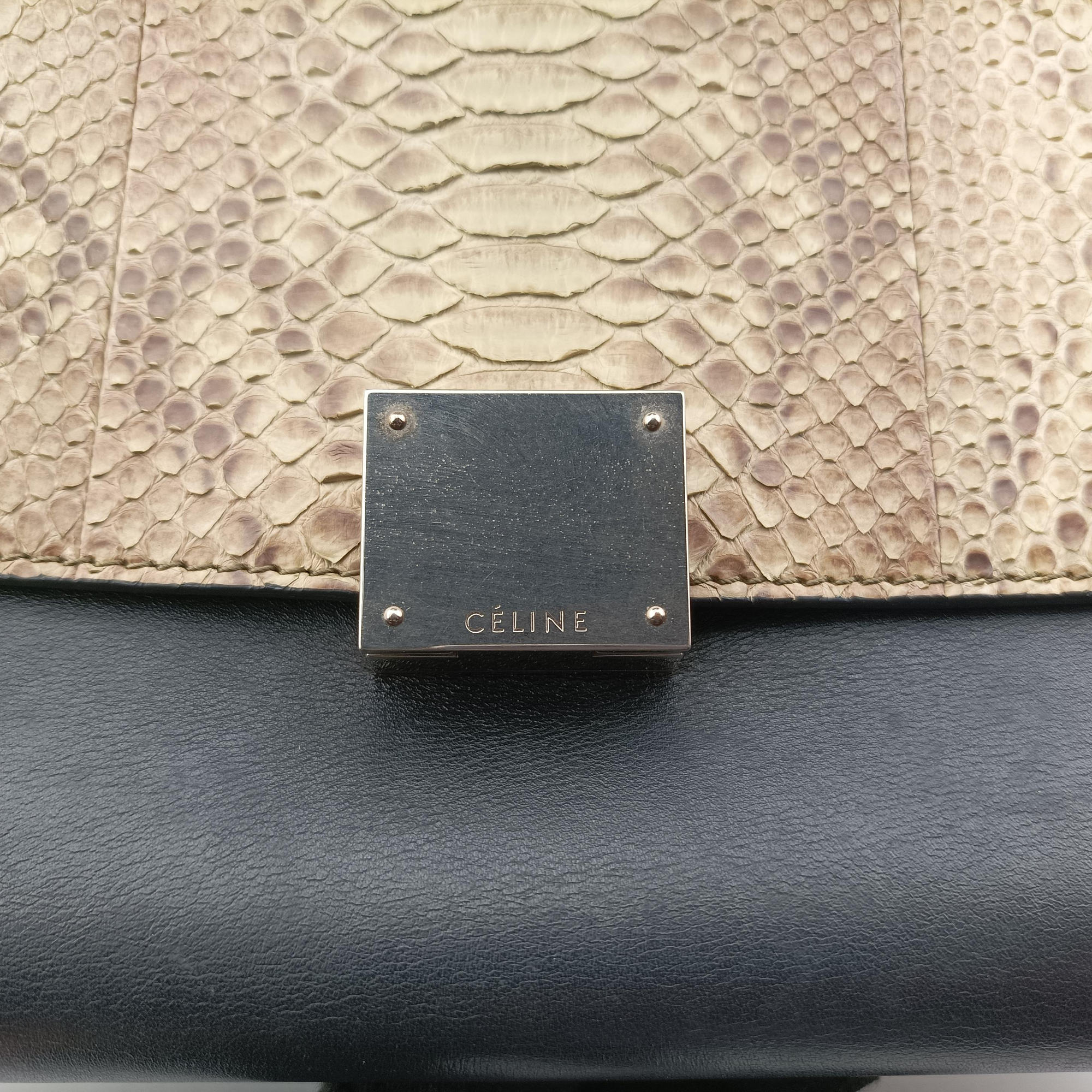 Pre-owned Celine Trapeze Brown × Black ×Beige Snakeskin × Leather  shoulderbag | stylenewstar