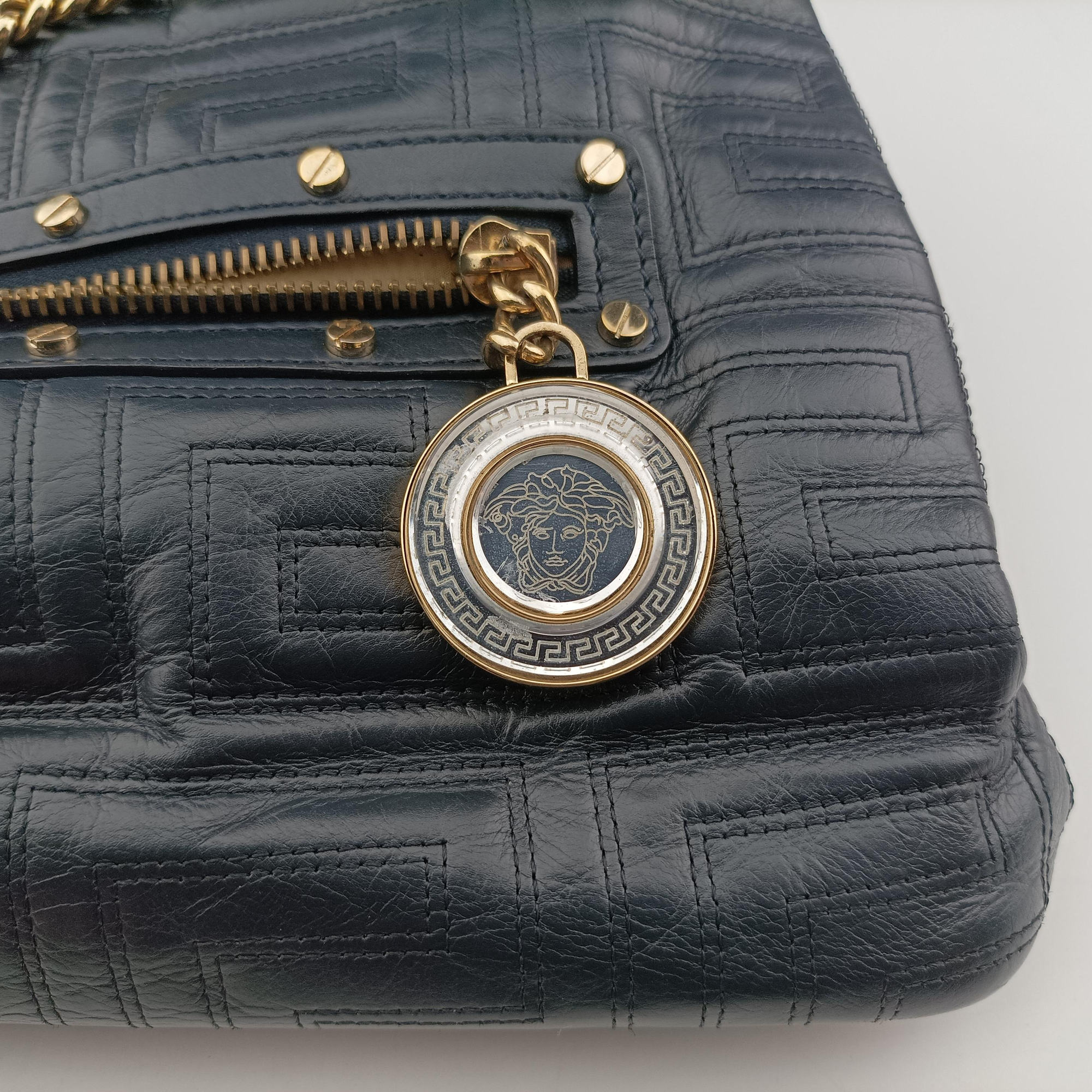 Pre-owned VERSACE Medusa quilted Navy Leather  handbag | stylenewstar