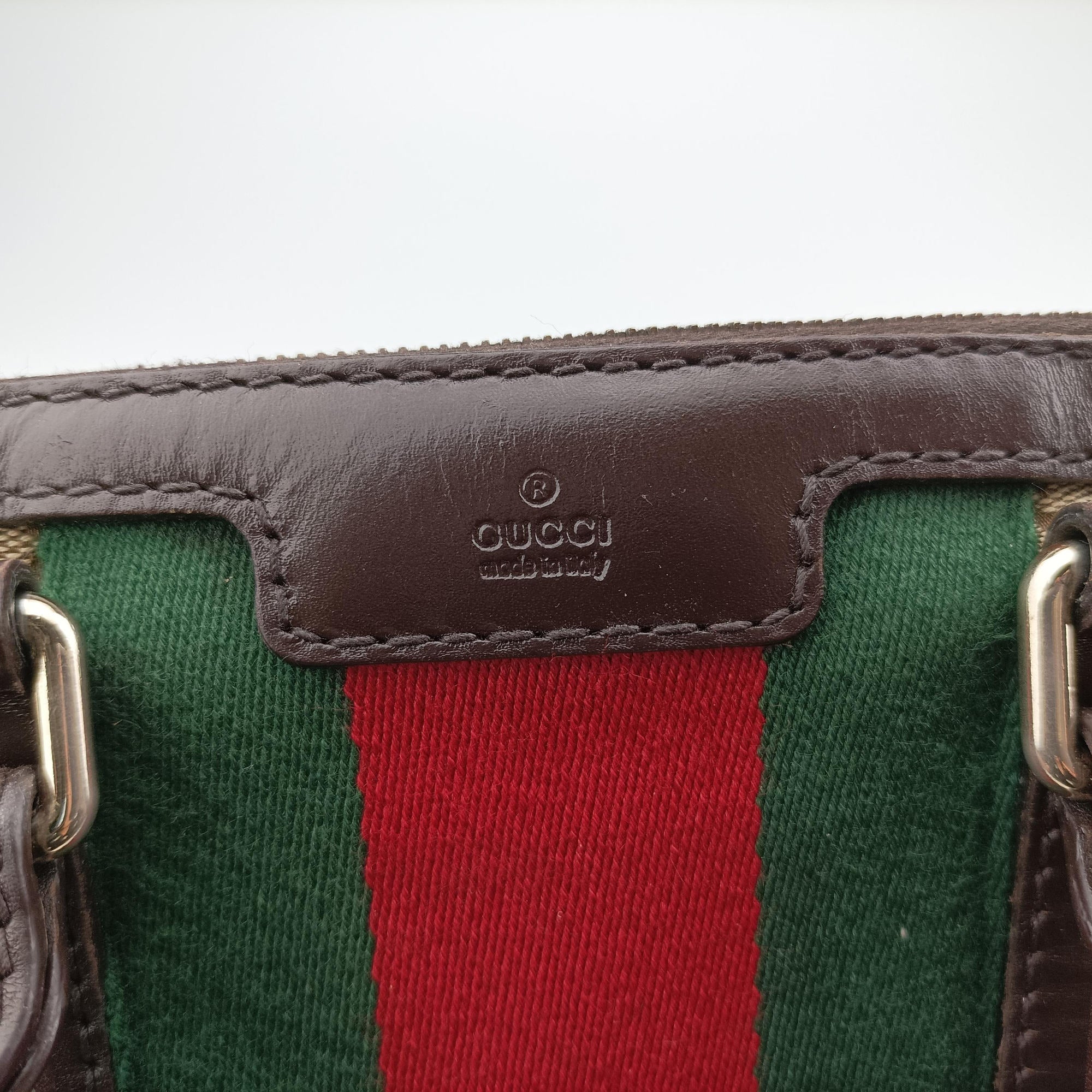 Pre-owned Gucci Sherry Line Beige×green×red canvas×leather 247205 shoulderbag | stylenewstar