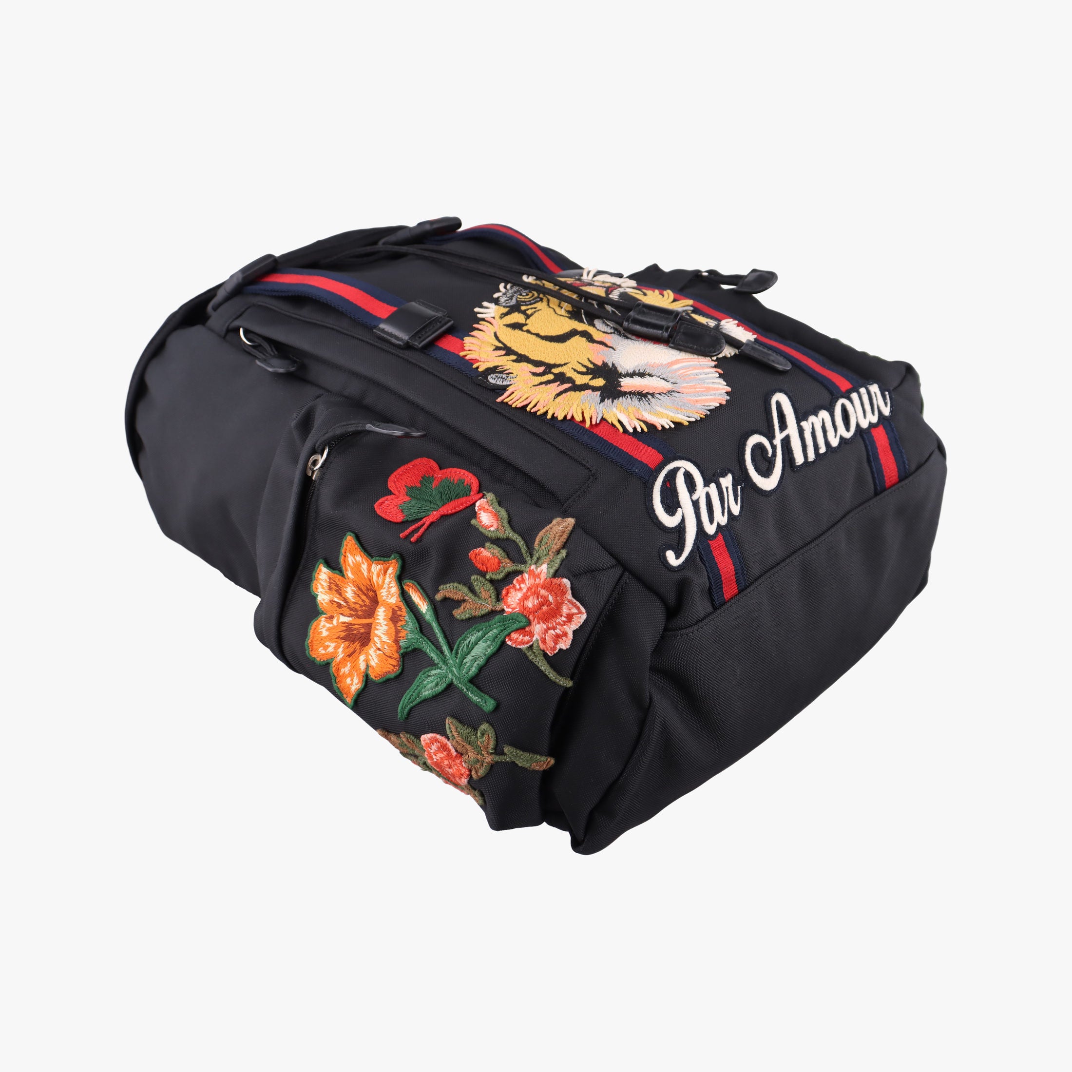 Pre-owned Gucci Embroidered Tiger Web Sherry Line Black×Multicolour canvas 429037 backpack/rucksack | stylenewstar