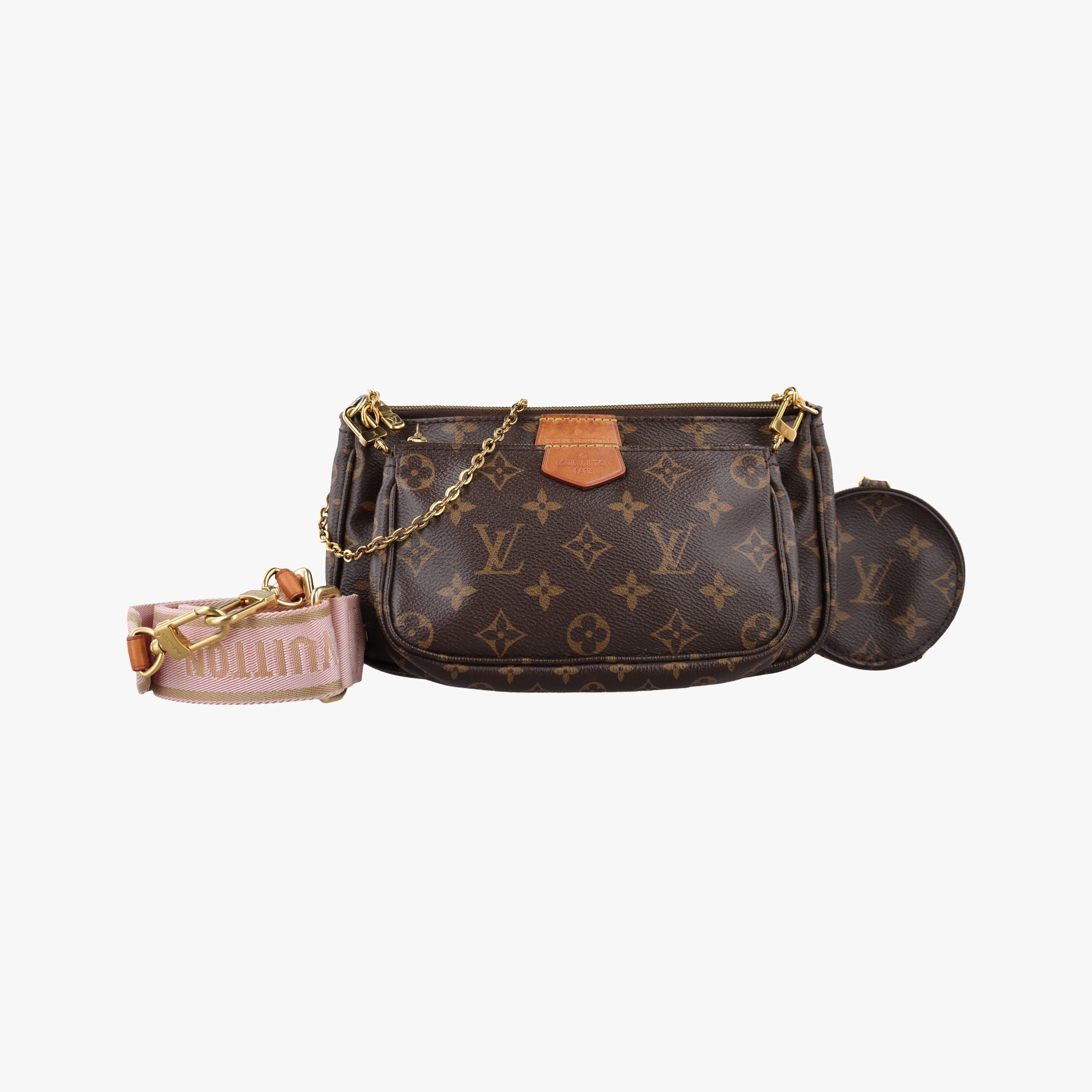 Secondhand Louis Vuitton MULTI POCHETTE ACCESSOIRES MARRON×ROSE CLAIRE Monogram Canvas M44840 shoulderbag | stylenewstar
