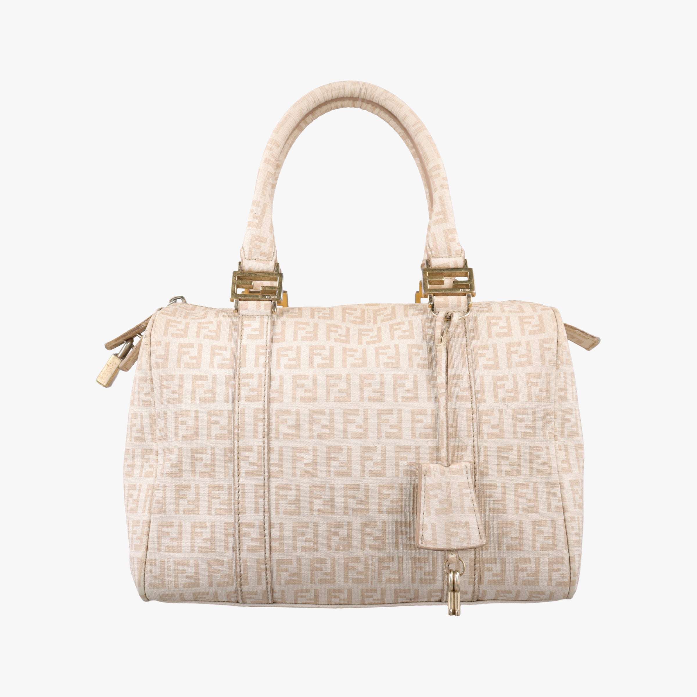 Pre-owned Fendi Zucchino boston Beige PVC coated canvas 8BE068 handbag | stylenewstar