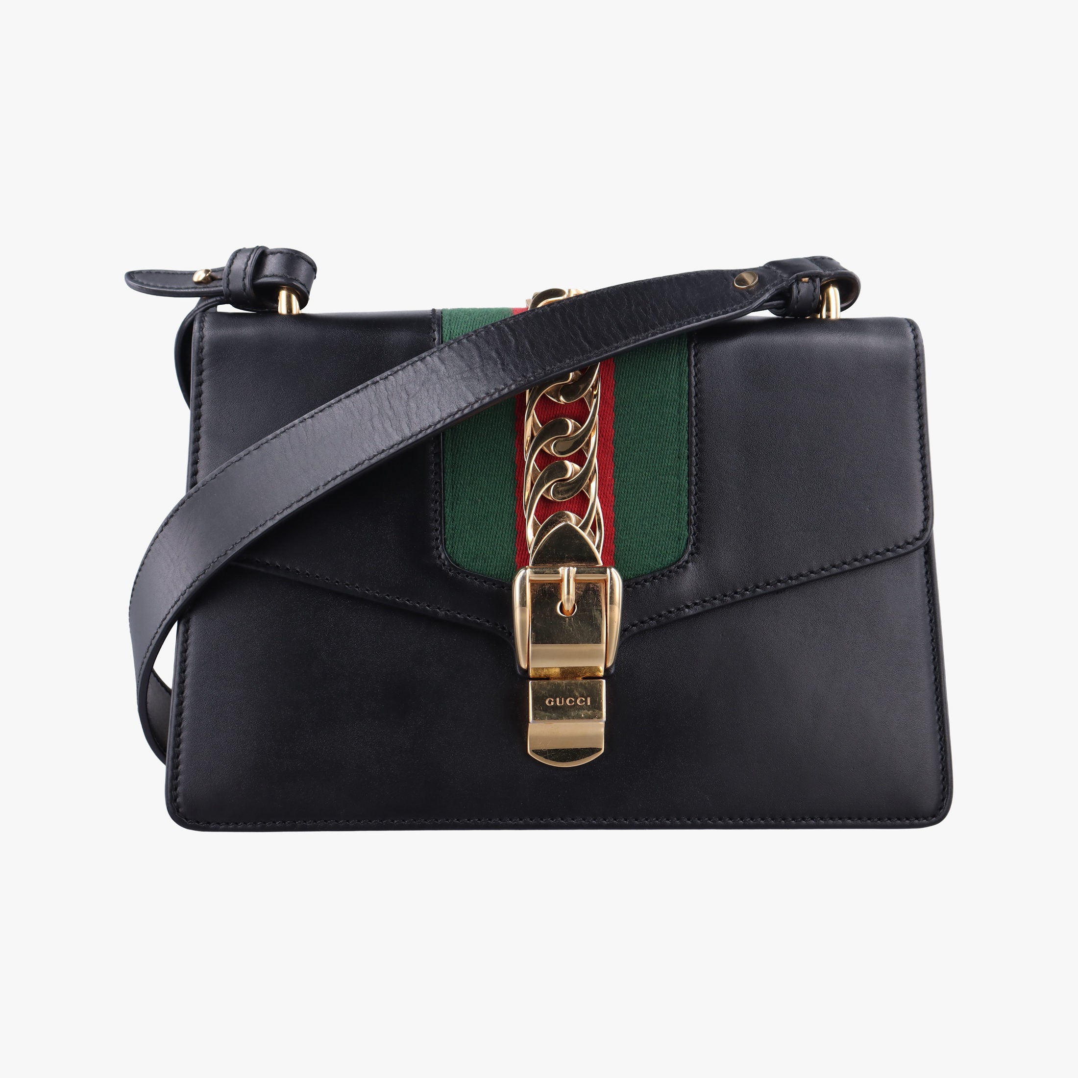 Pre-owned Gucci Sylvie Black×green×red Leather 421882 shoulderbag | stylenewstar