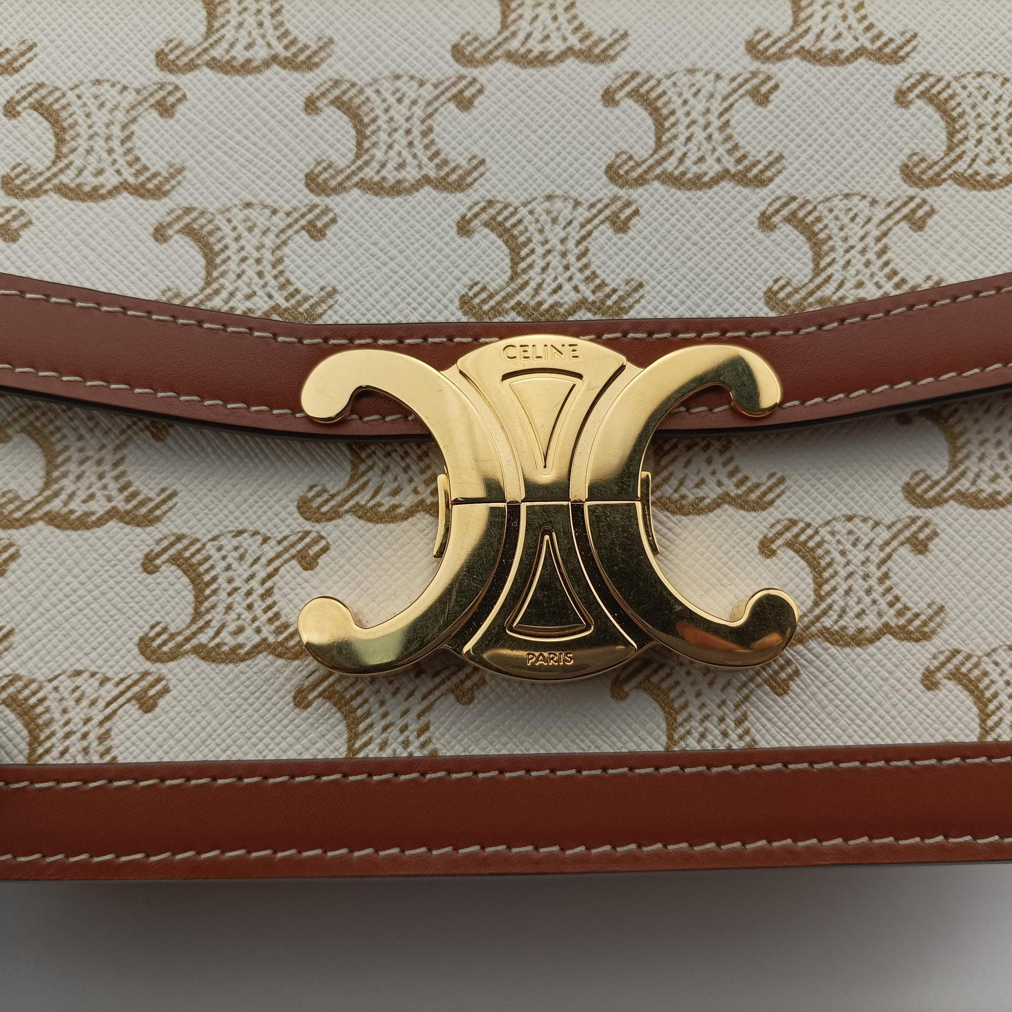 Pre-owned Celine Teen Triomphe White×brown PVC coated canvas  shoulderbag | stylenewstar