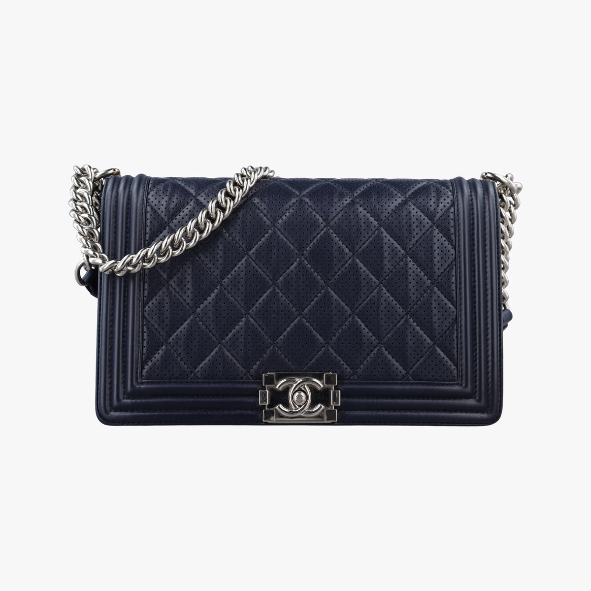 Vintage Chanel Boy Chanel Matelasse Coco Mark Navy lambskin A90164 shoulderbag | stylenewstar