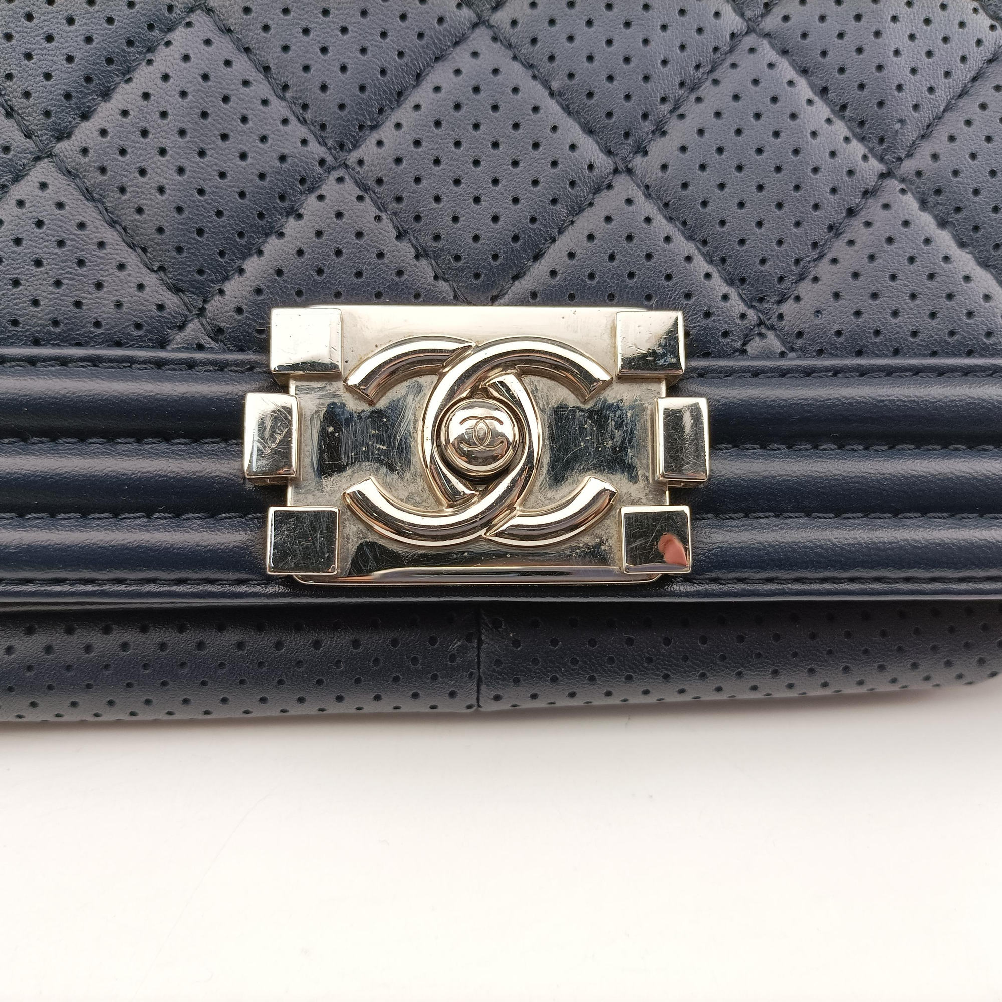 Vintage Chanel Boy Chanel Matelasse Coco Mark Navy lambskin A90164 shoulderbag | stylenewstar
