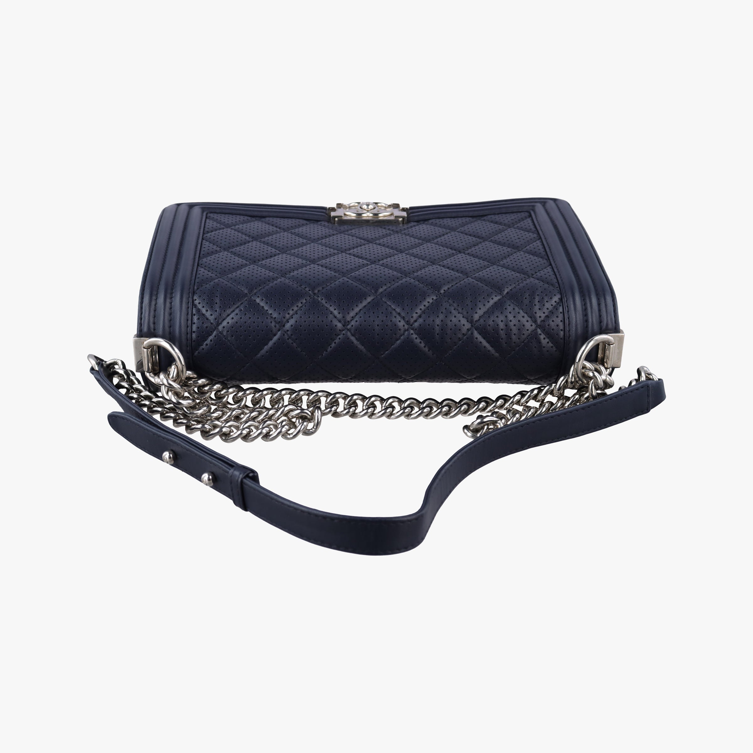 Vintage Chanel Boy Chanel Matelasse Coco Mark Navy lambskin A90164 shoulderbag | stylenewstar