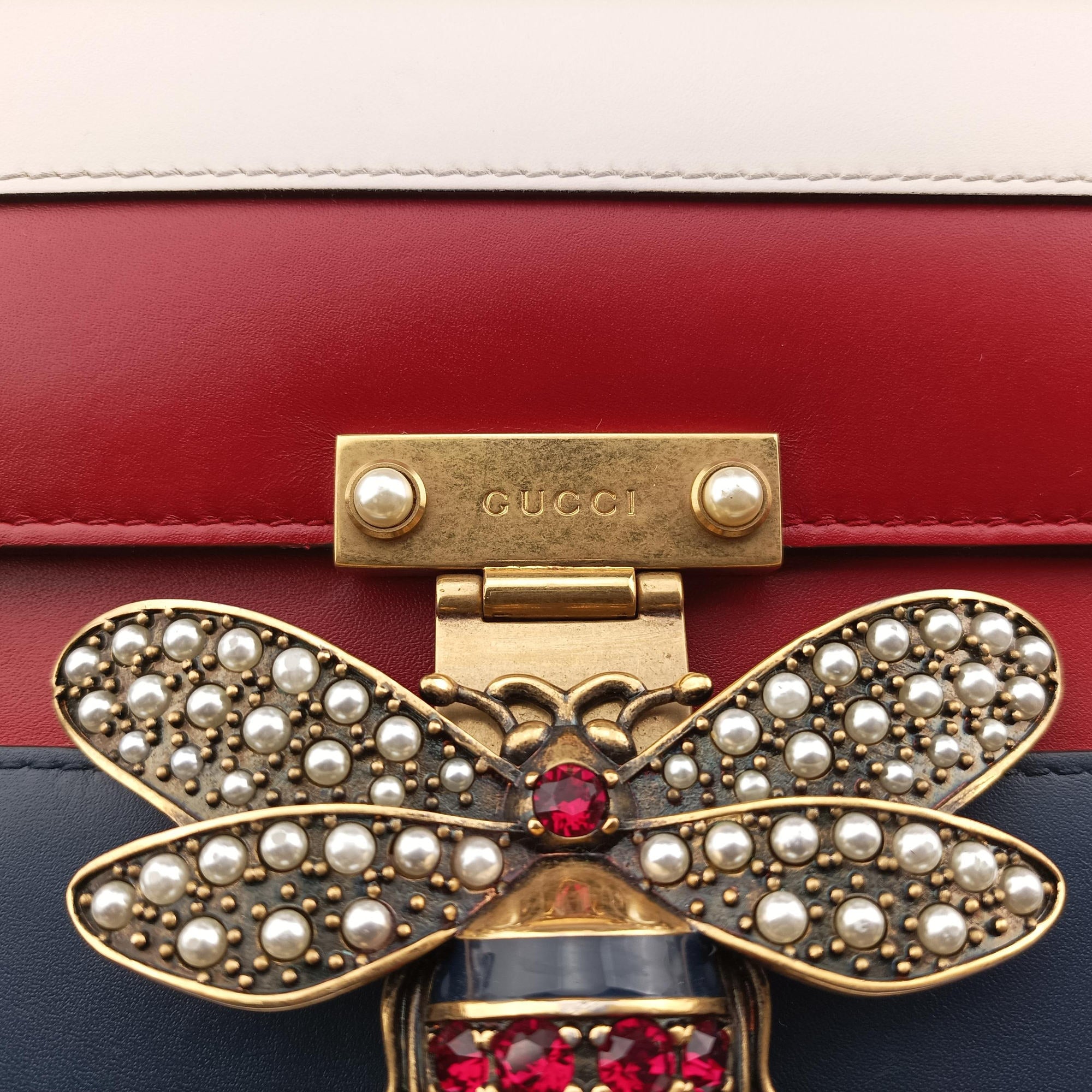Pre-owned Gucci Queen Margaret Ivory×Red×Navy Leather 476542 shoulderbag | stylenewstar