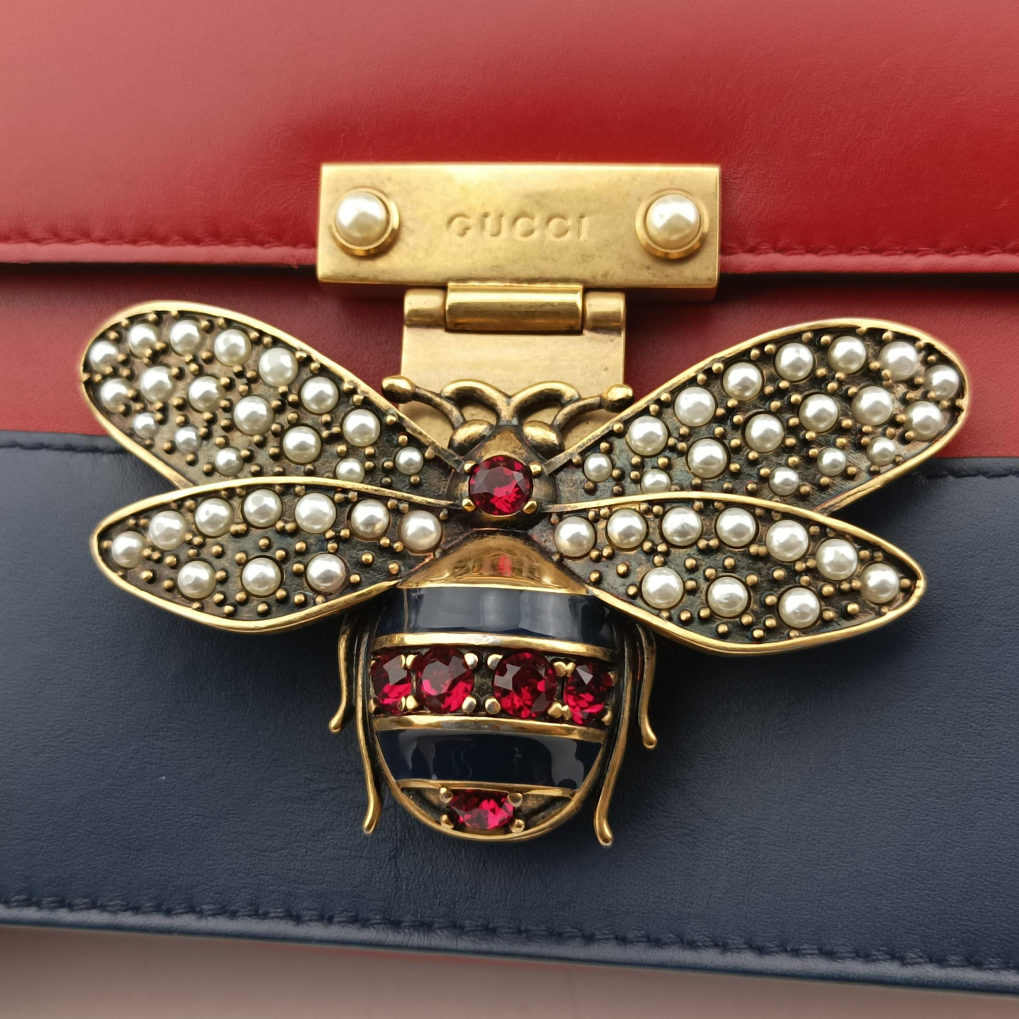 Pre-owned Gucci Queen Margaret Ivory×Red×Navy Leather 476542 shoulderbag | stylenewstar