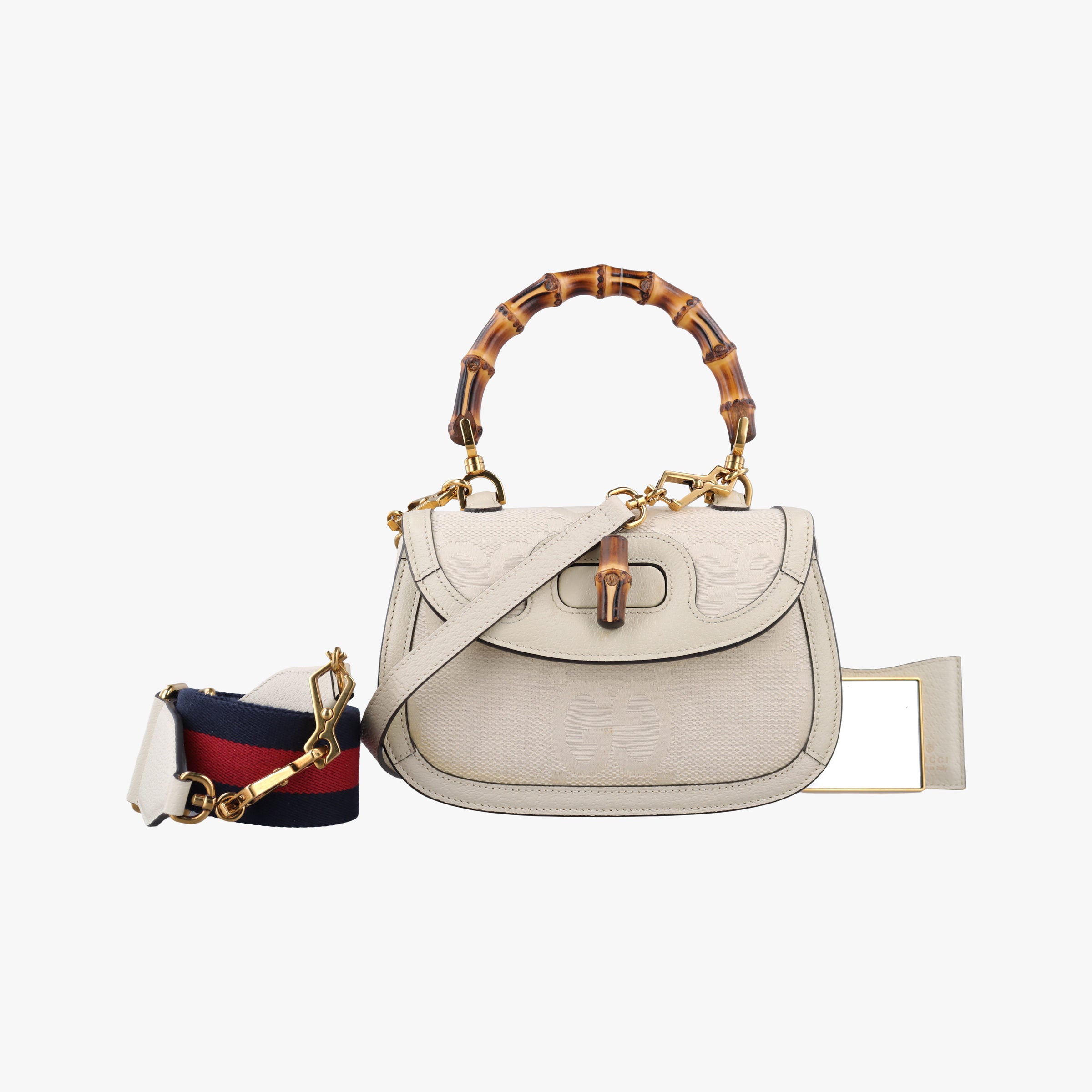 Pre-owned Gucci New Bamboo White Leather×Canvas 675797 shoulderbag | stylenewstar