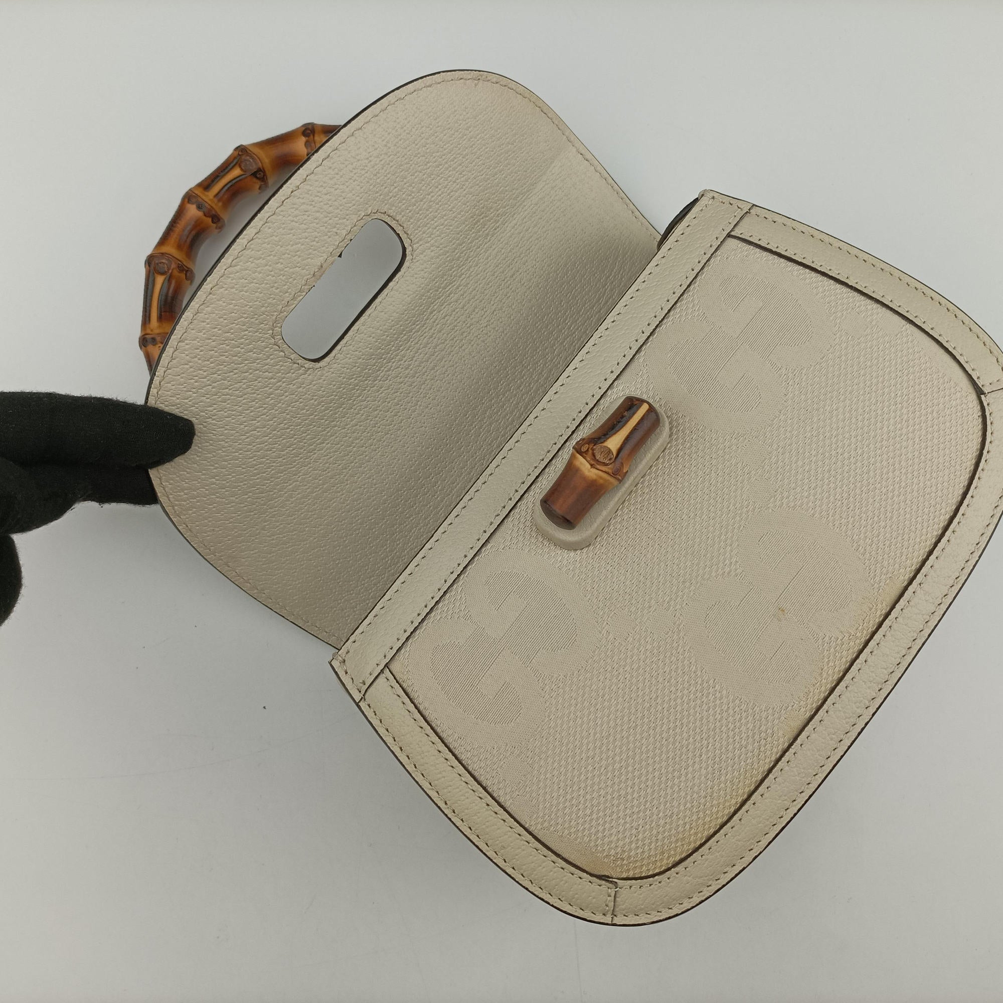 Pre-owned Gucci New Bamboo White Leather×Canvas 675797 shoulderbag | stylenewstar