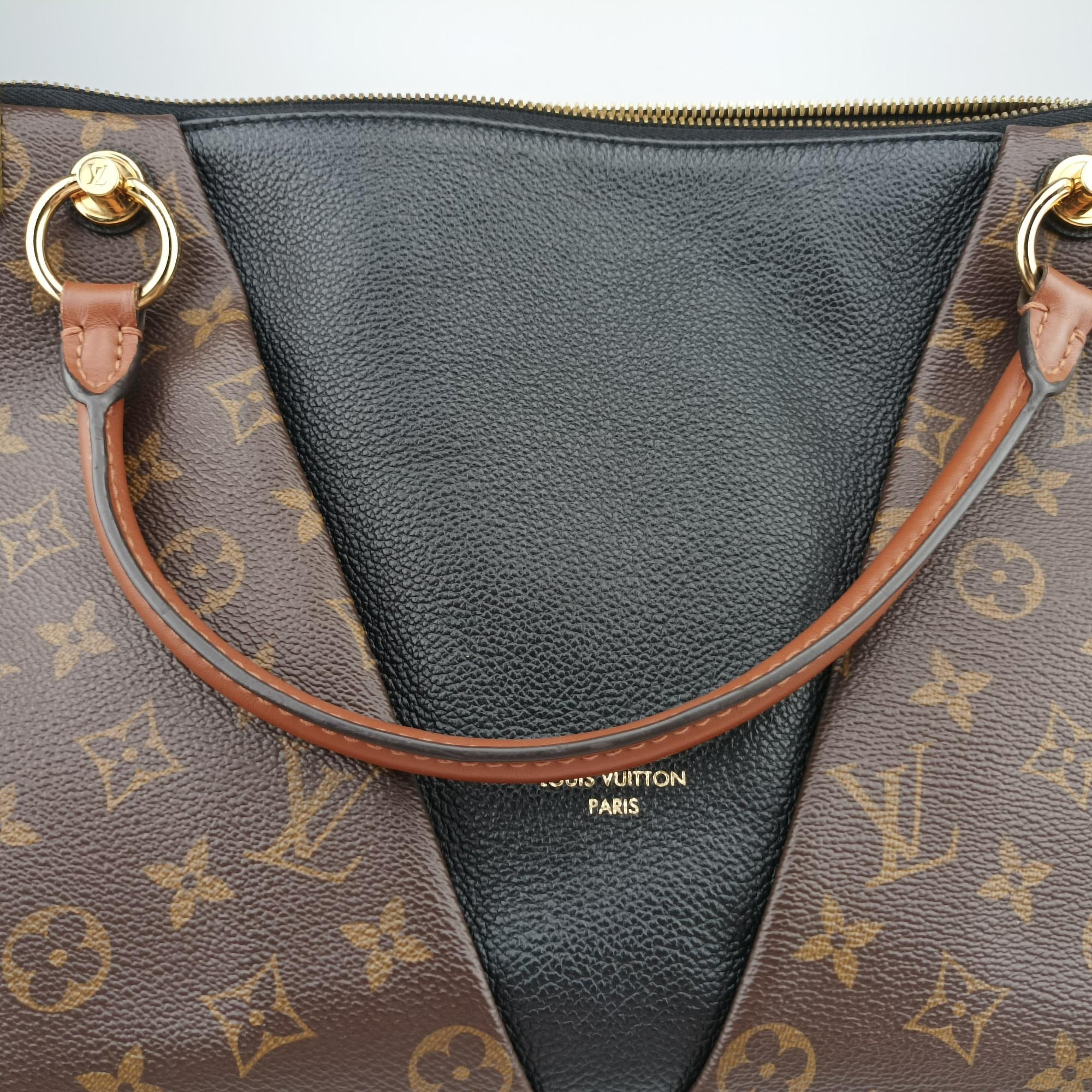 Pre-owned Louis Vuitton V TOTE BB brown MARRON×BLACK Monogram Canvas×calf leather M43948 shoulderbag | stylenewstar